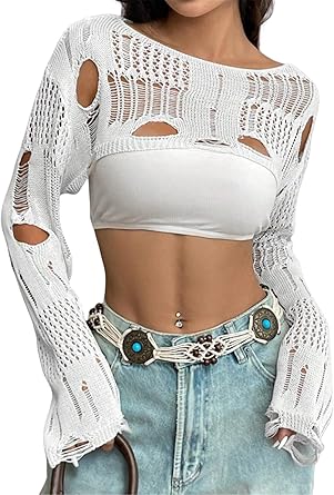 Womens Crochet Crop Top Sweater - 100% Polyester, Round Neck, Long Sleeve, Short Length