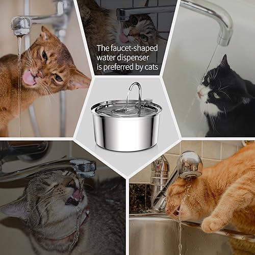 Miniatura 6 de Tomxcute Fuente de agua para gatos de acero inoxidable, dispensador automático de agua para mascotas, bomba ultrasilenciosa y 1 filtro de repuesto