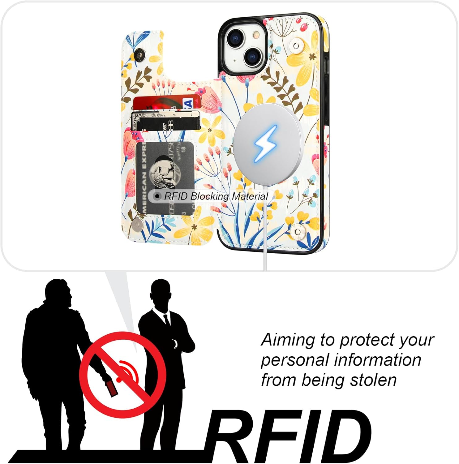 HAOPINSH for iPhone 14 Case Wallet Compatible with MagSafe Wireless Charging, Floral Flower Pattern Back Flip Folio RFID Blocking Leather Kickstand Card Slots Case Double Magnetic Clasp Cover 6.1"
