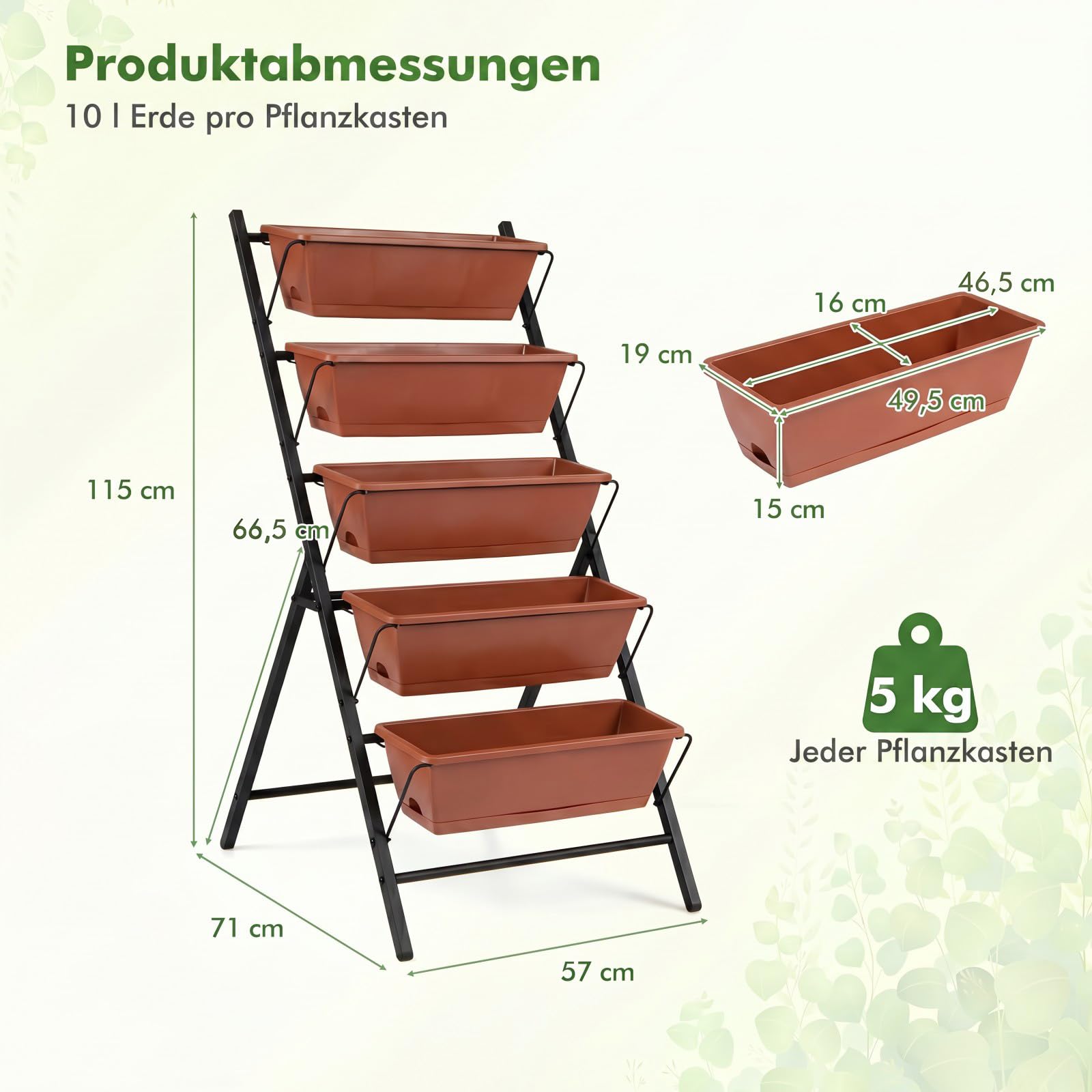 COSTWAY 5-stufiges Hochbeet, vertikales Pflanzenbeet mit 5 Blumenkästen & Drainagelöchern, Vertikalbeet freistehend, Blumentreppe für Gemüse Kräuter Blumen, 57 x 71 x 115 cm (Rot)