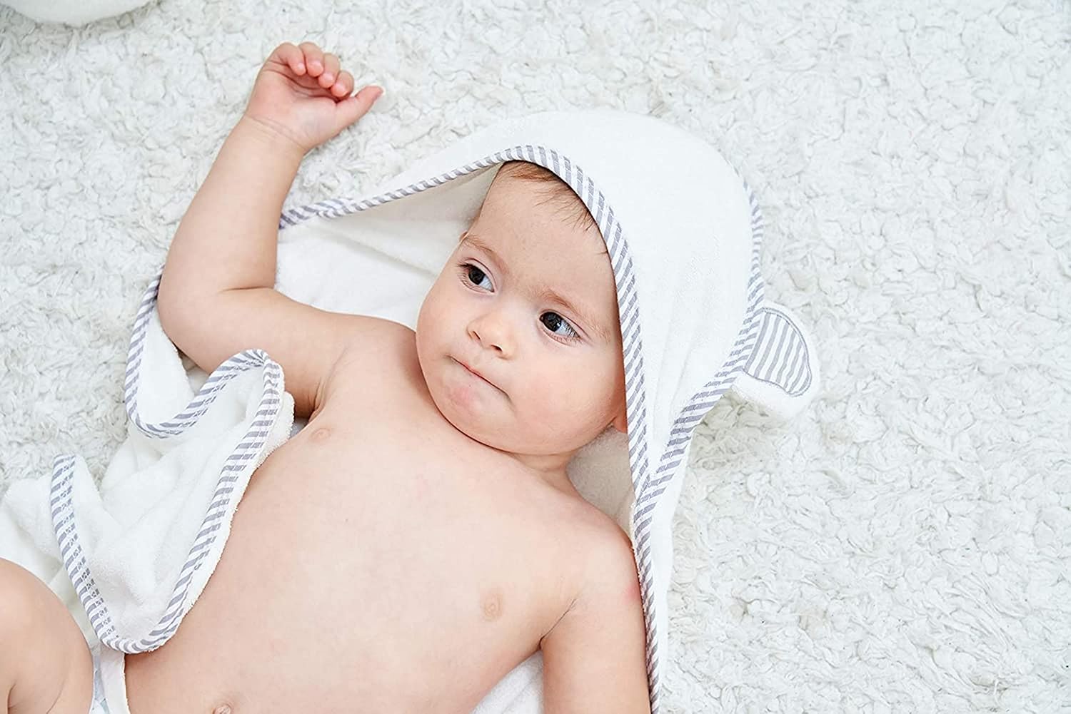 HIPHOP PANDA Hooded Towel - Rayon Made from Bamboo, Bath Towel with Bear Ears for Newborn, Babie, Toddler, Infant - Absorbent Large Baby Towel - White, 30 x 40 Inch