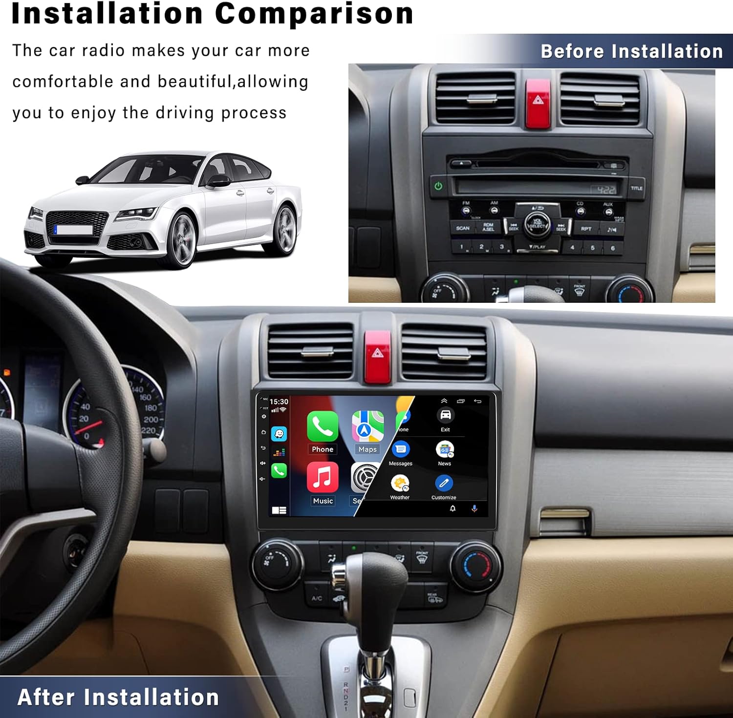 sixwin android 10 0 car stereo for honda crv 2007 2008 2009 2010 2011 9 inch touch screen car radio audio with bluetooth gps navigation fm radio with