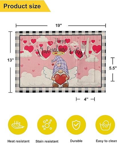 Miniatura 6 de Valentine's Gnomes Table Placemats for Dining Table Set of 2,Cotton Linen Cloth Kitchen Place Mats with Pocket,Washable