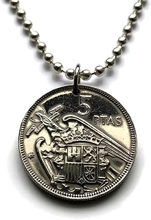 Handmade 1957 Spain 5 Pesetas Coin Pendant Necklace Jewelry n000499 | Authentic vintage España coin jewelry featuring the eagle of San Juan shield. Unique Madrid travel souvenir history gift