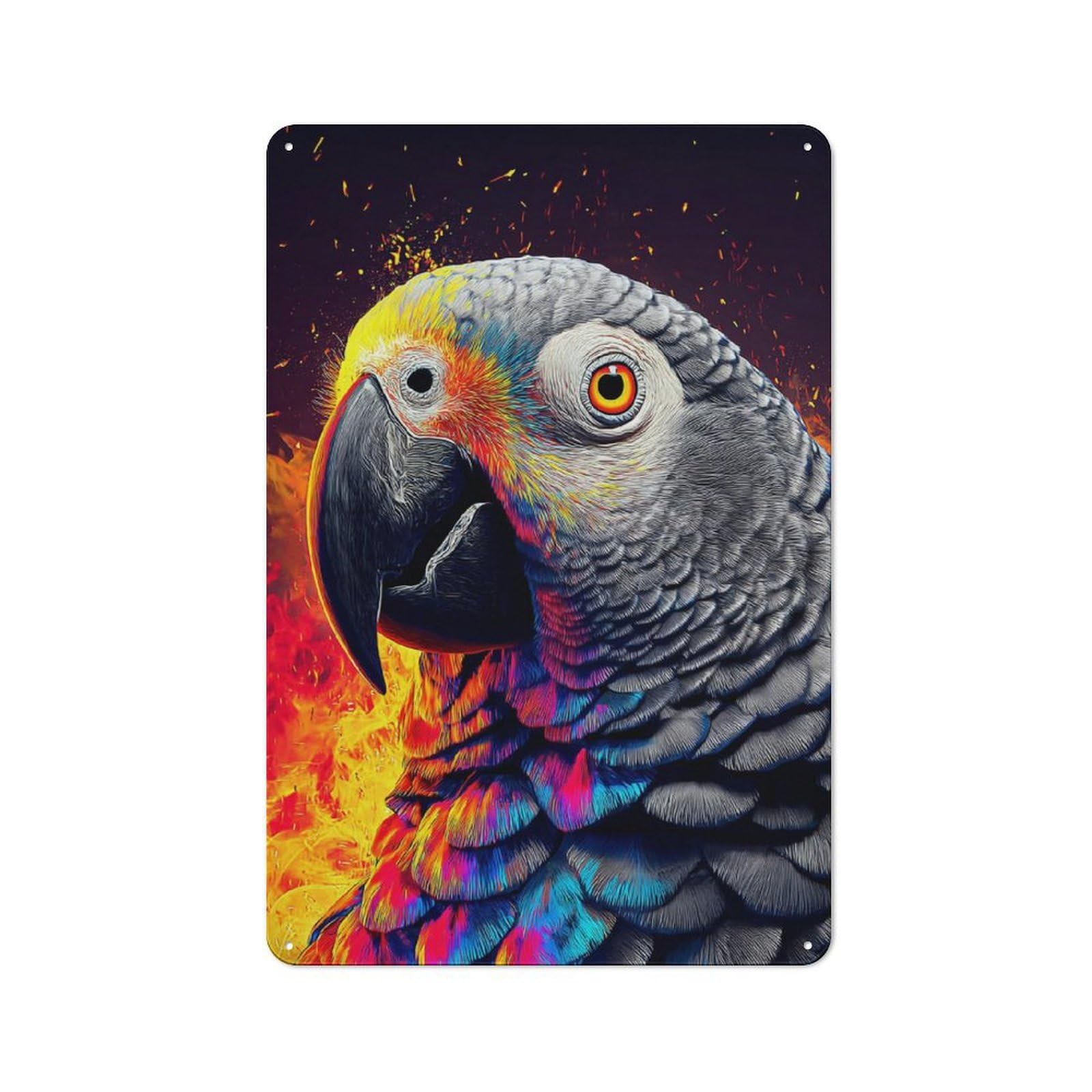 Junmoney Colorful Parrot In Flames -1 Vintage Tin Wall Plaque 30X20cm For Kitchen Or Home Bar, For Vintage Wall Decor Fans, For Themed Room Decoration