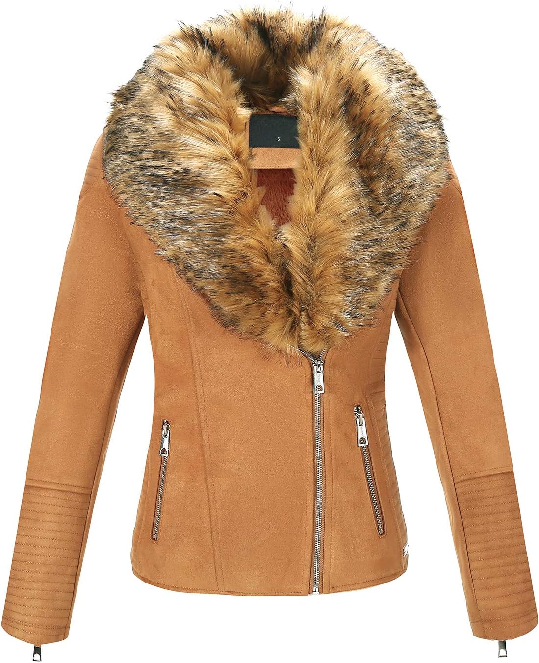Geschallino Women's Faux Leather Jacket Fall Winter Moto Sherpa Lined Coat with Removable Fur Collar
