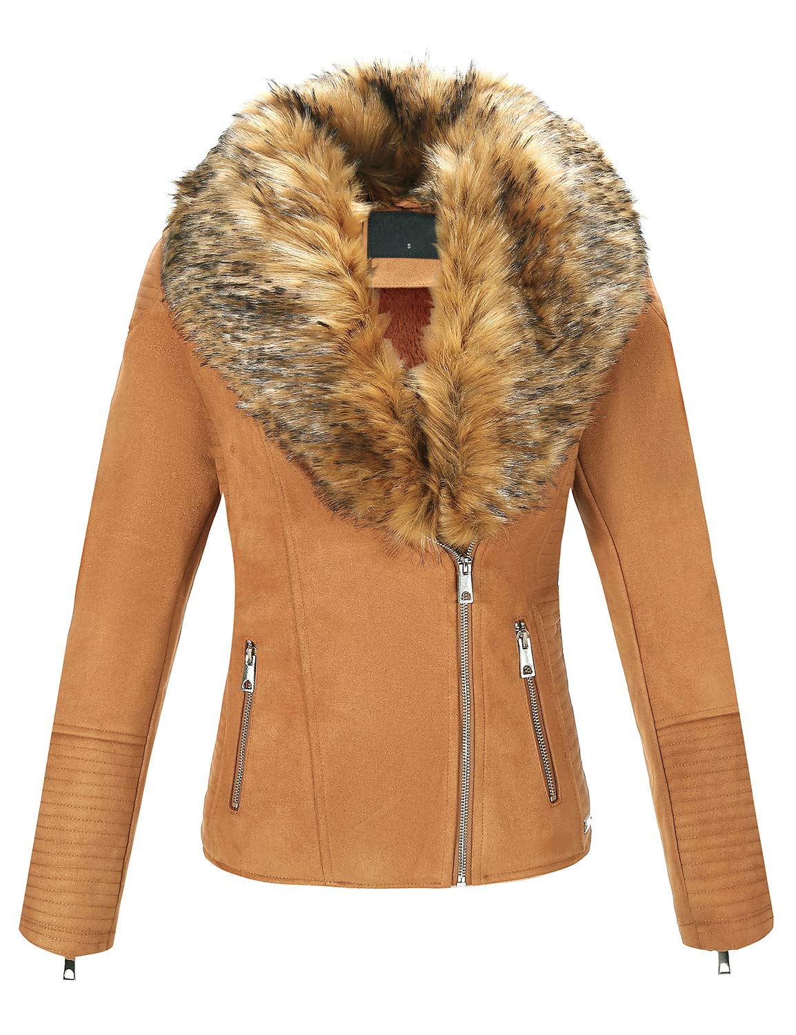 Geschallino Women's Faux Leather Jacket Fall Winter Moto Sherpa Lined Coat with Removable Fur Collar