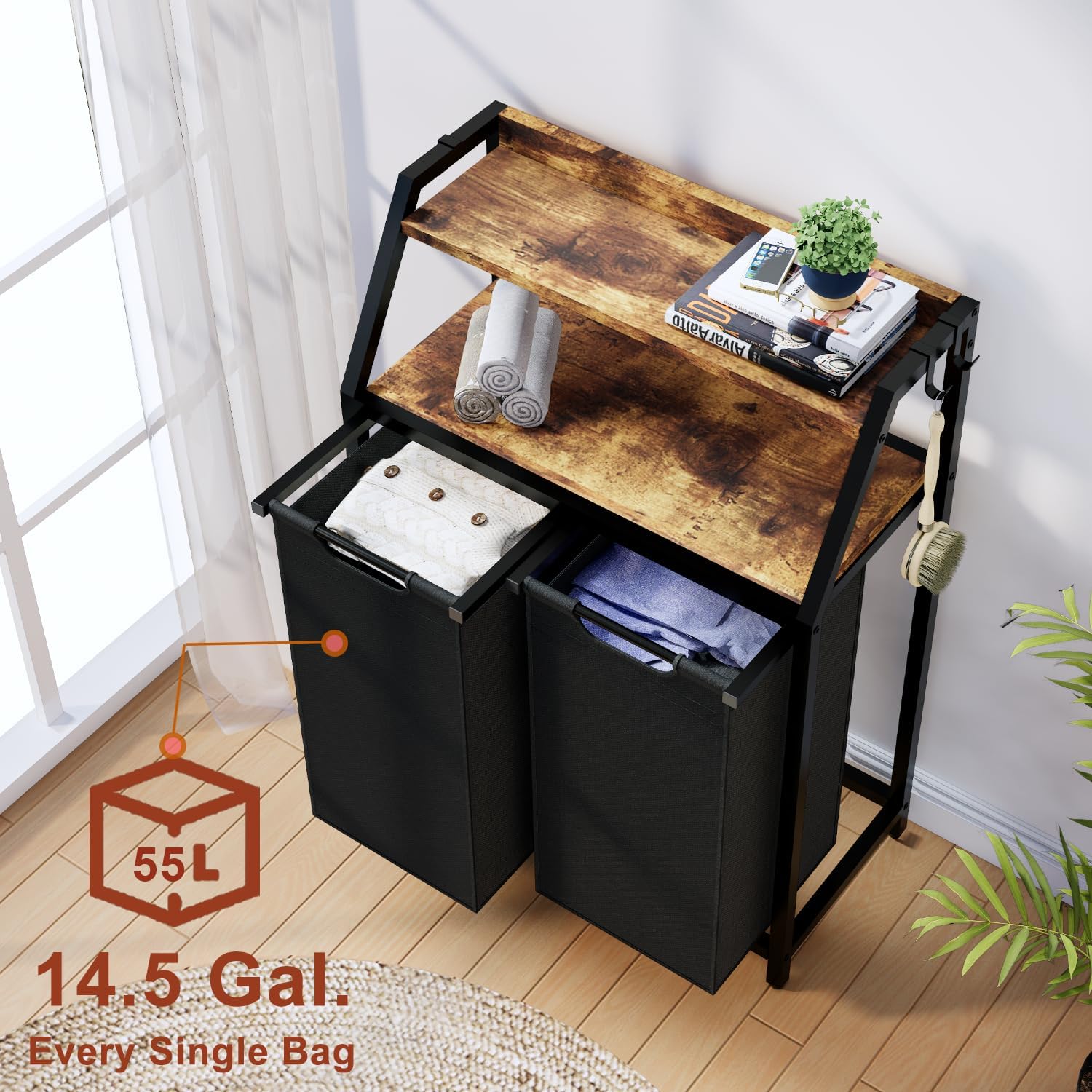 Laundry Hamper, Laundry Sorter 2 Section, Rolling Laundry Basket with Wheels, 2 Shelves, 2 × 14.5 Gal, Pull-Out and Removable Oxford Fabric Bags, for Laundry Room, Black and Rustic Brown