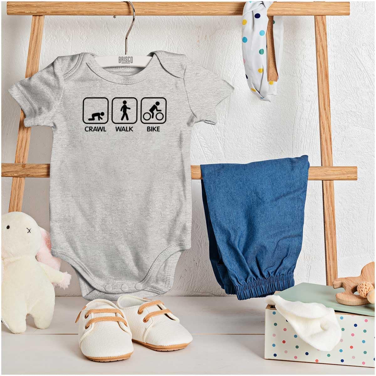 Brisco Brands Crawl Walk Bike Street Sign Humor Baby Romper Boys or Girls