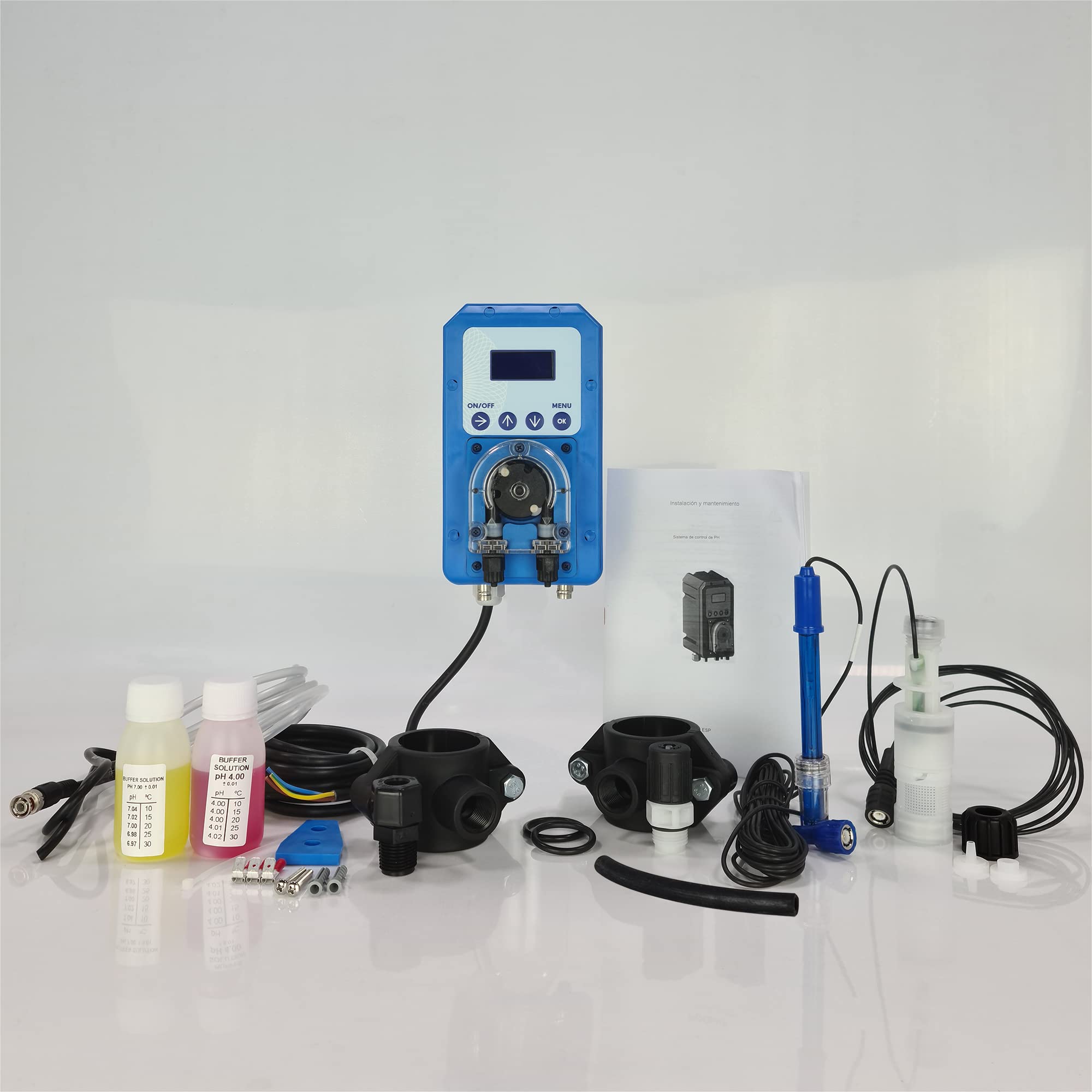 Dosificador automático programable regulador de PH. Bomba peristáltica con lectura y control de PH, y sonda de nivel del producto dosificado.