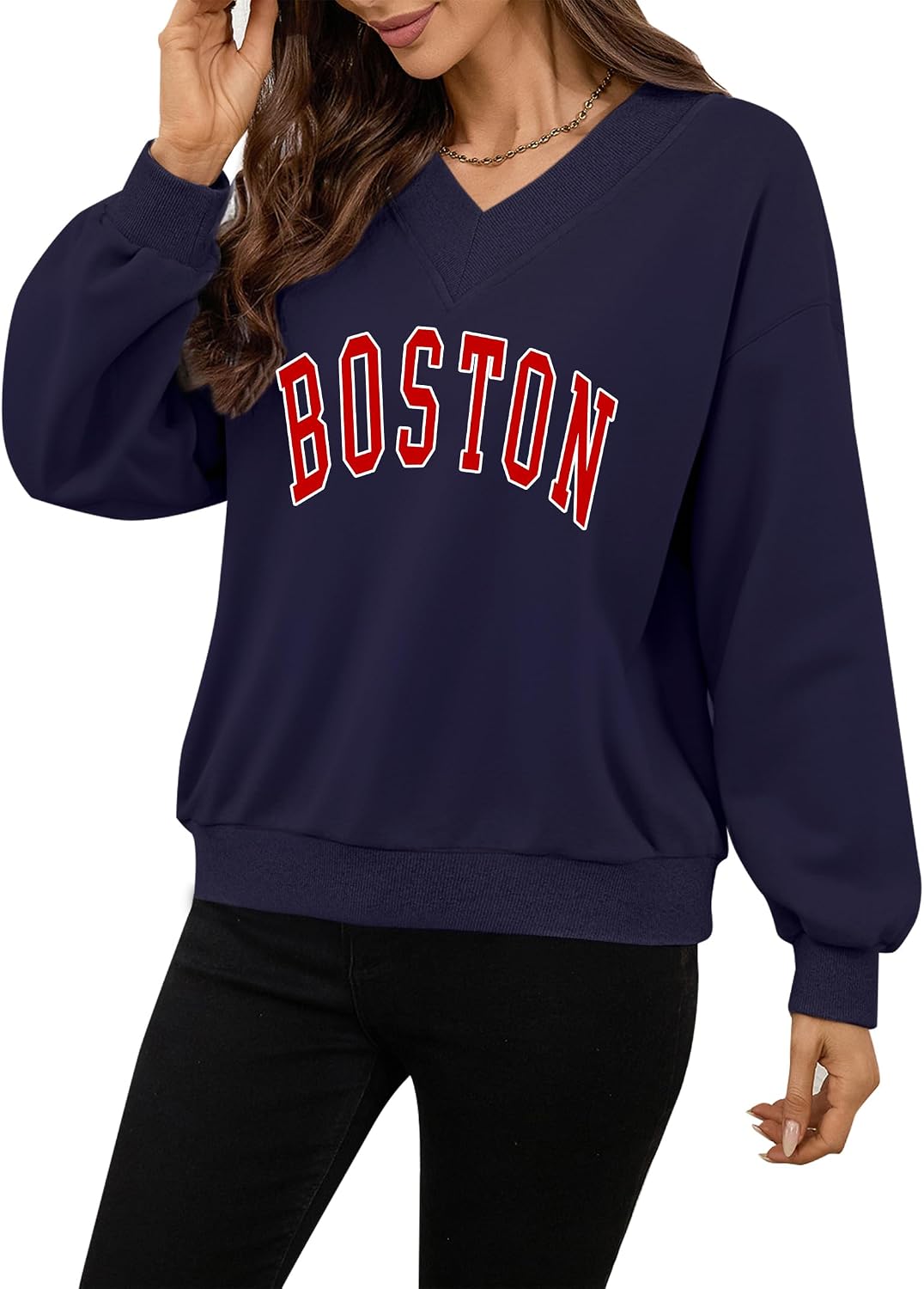 Avanova Women USA Graphic V Neck Sweatshirts Top Drop Shoulder Long Sleeve Pullover Shirt