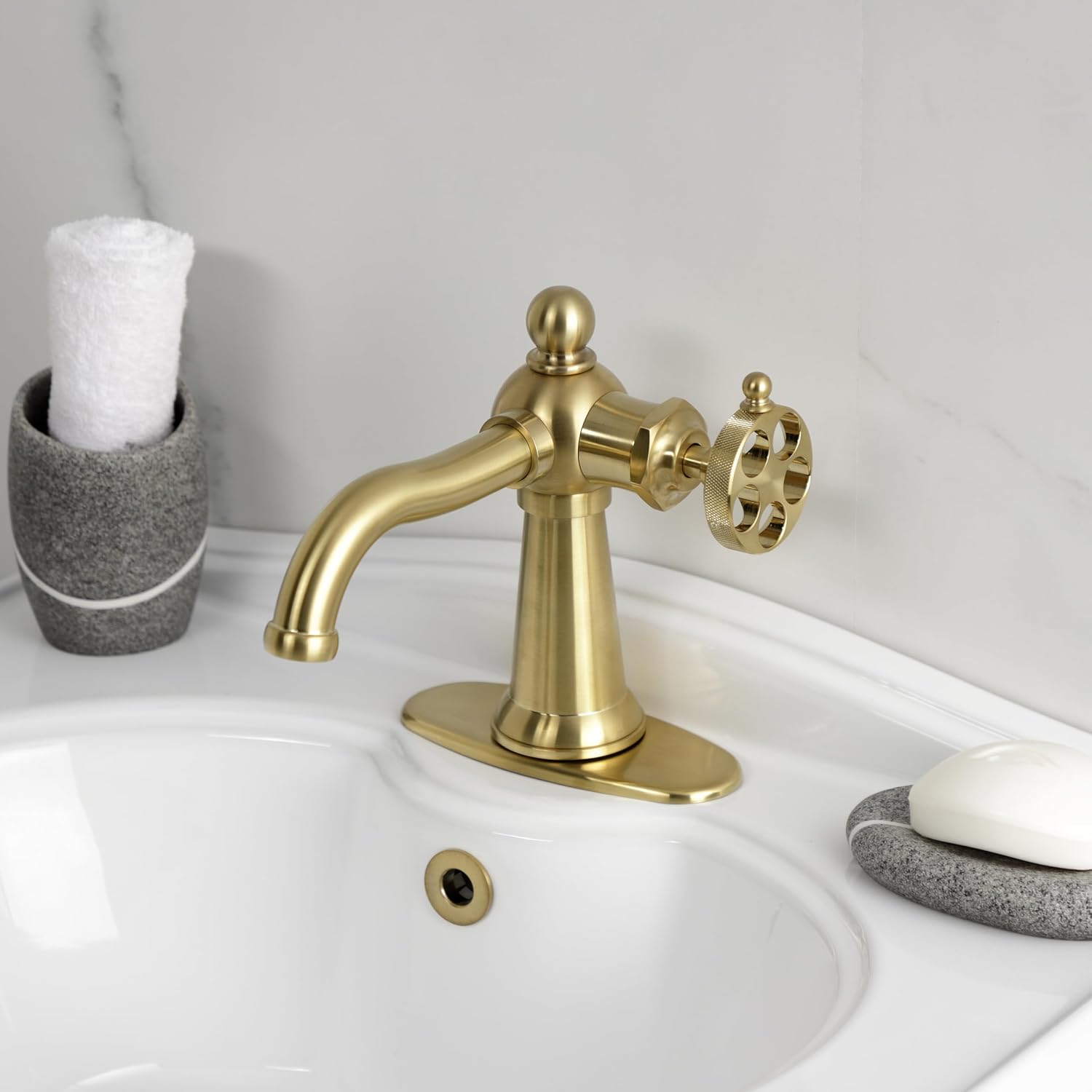 Kingston Brass KSD3547RKZ Wendell Single-Handle 1-Hole Deck Mount Bathroom Faucet with Knurled Handle and Push Pop-Up Drain in Brushed Brass