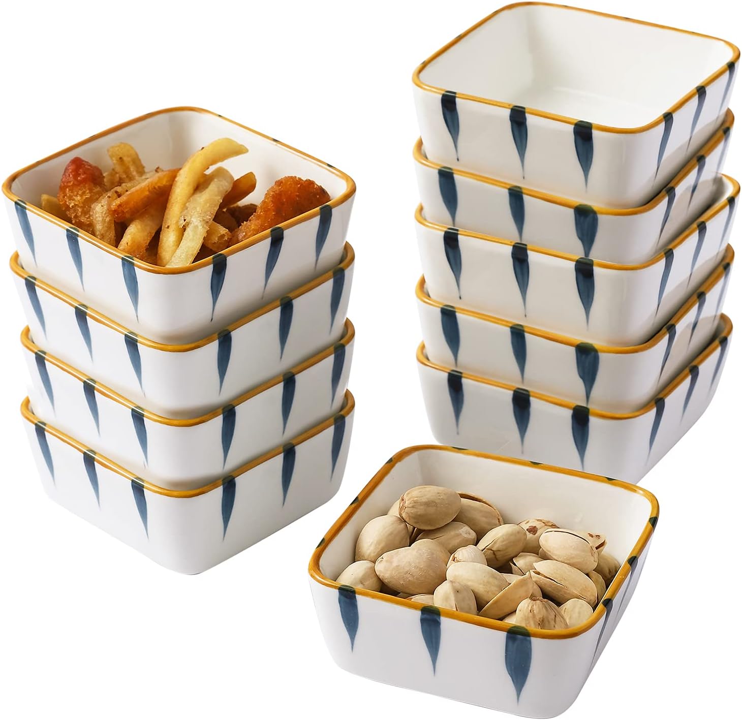 TAMAYKIM Small Porcelain Serving Bowls, 6 OZ Square Ceramic Ramekins Set of 10, 3.5 Inch Hand-painted Small Bowl for Appetizer, Snacks, Baking, Souffle, Custard Dish, Pudding, Dipping, Serving, Oven