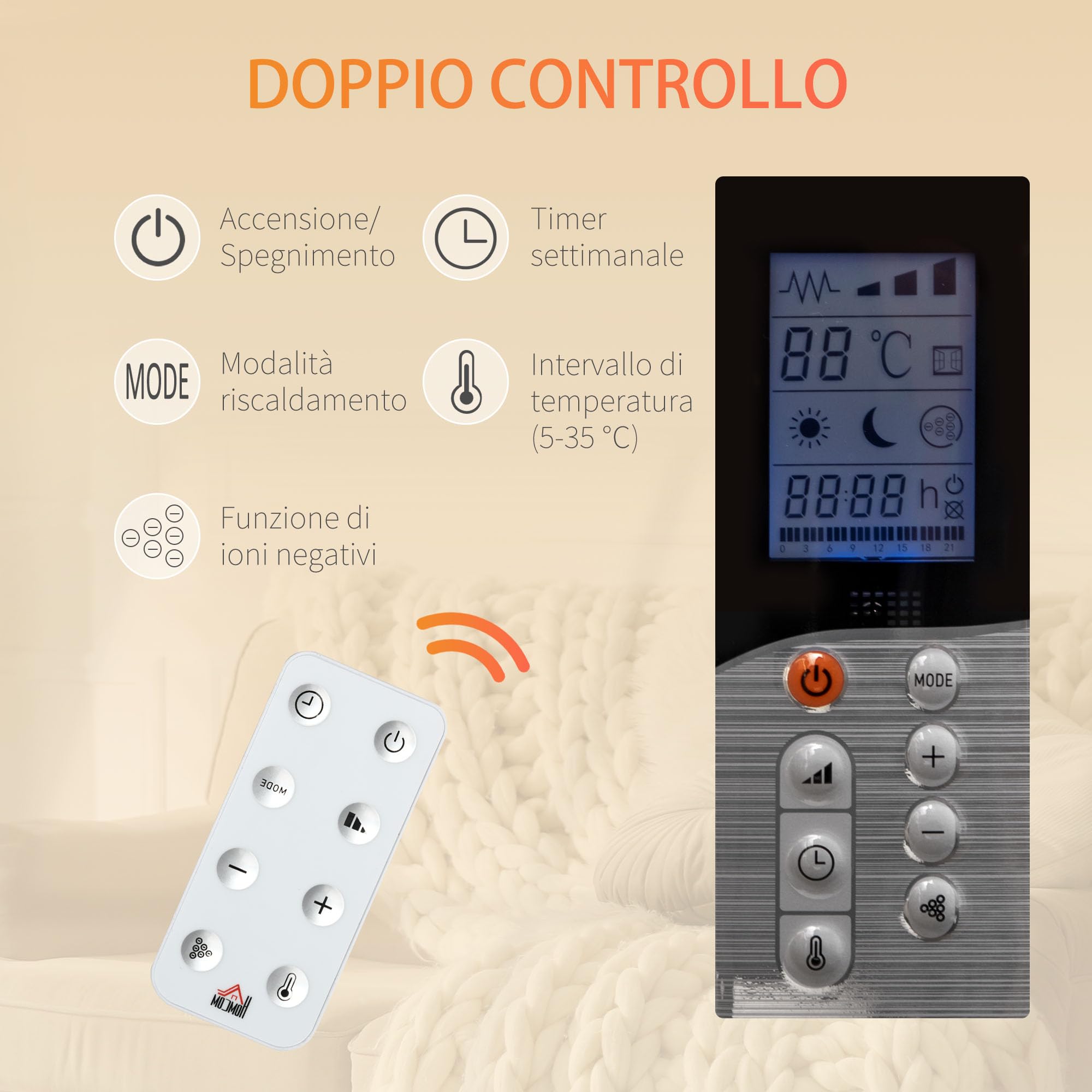 HOMCOM Stufetta Elettrica Basso Consumo Portatile 75x31x66.5 cm Bianco | 1000/2000W Termoventilatore a Terra e Parete, Termoconvettore con Telecomando, Antiribaltamento e Anti-Surriscaldamento