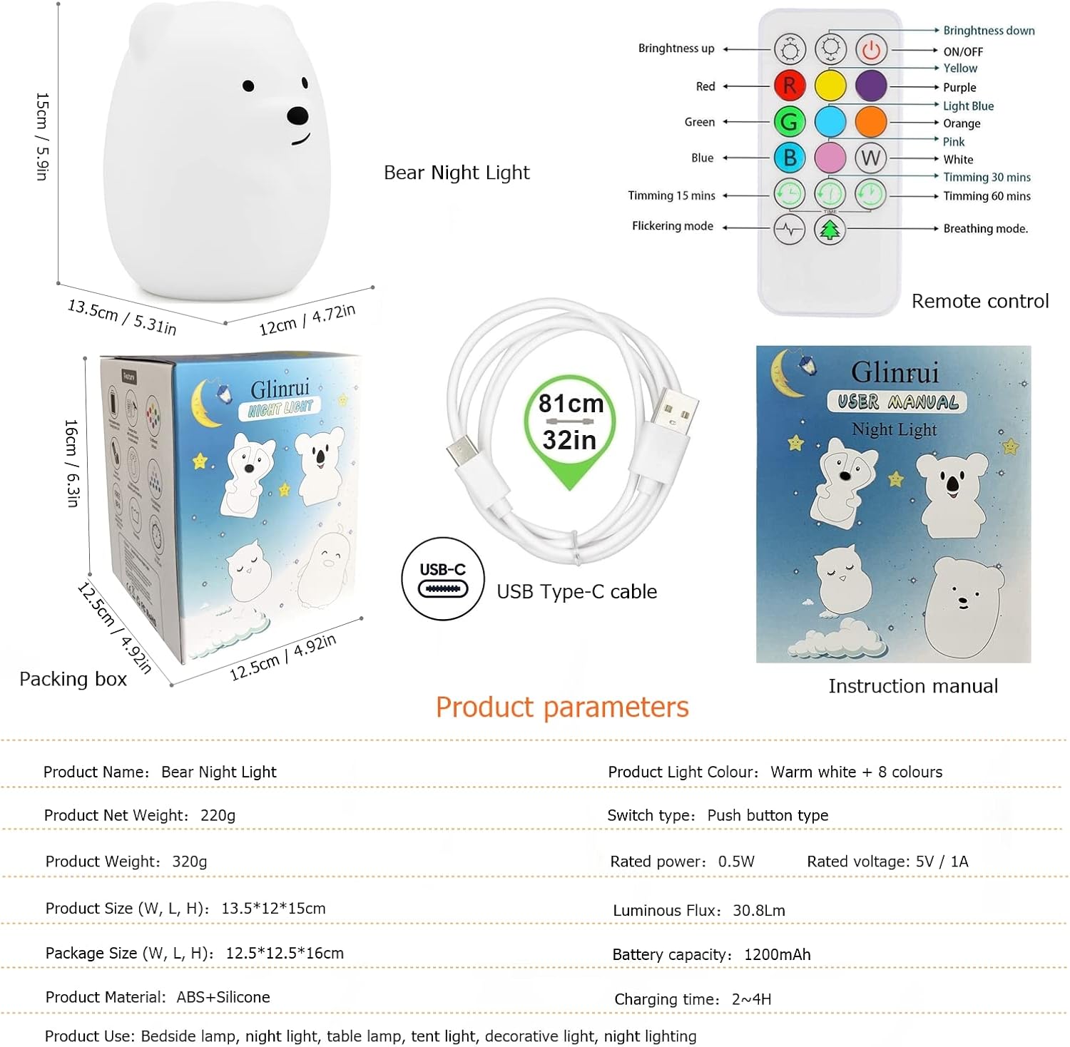 Large Bear Night Light for Kids, Silicone nightlights Bedside Table Lamps Baby Bedroom Lighting Nursery Children's Bed Lights - Eye Caring, Adjustable Brightness & Color, Time Setting - Large