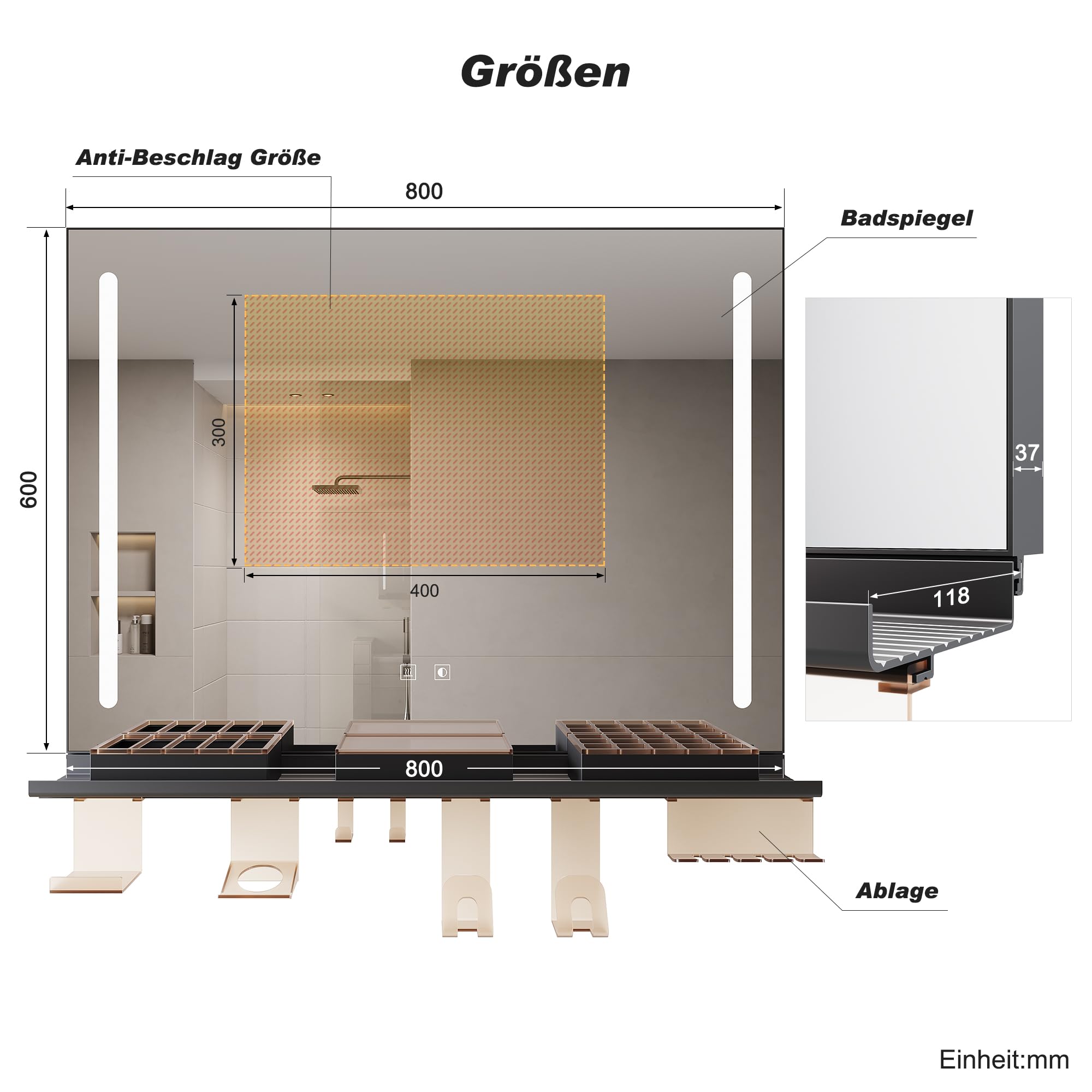 Sonni Espejo de baño con luces de 80 x 60 cm, espejo LED de baño con espacio de almacenamiento de 80 cm, 3 colores de luz ajustables, espejo de pared sin niebla con interruptor táctil