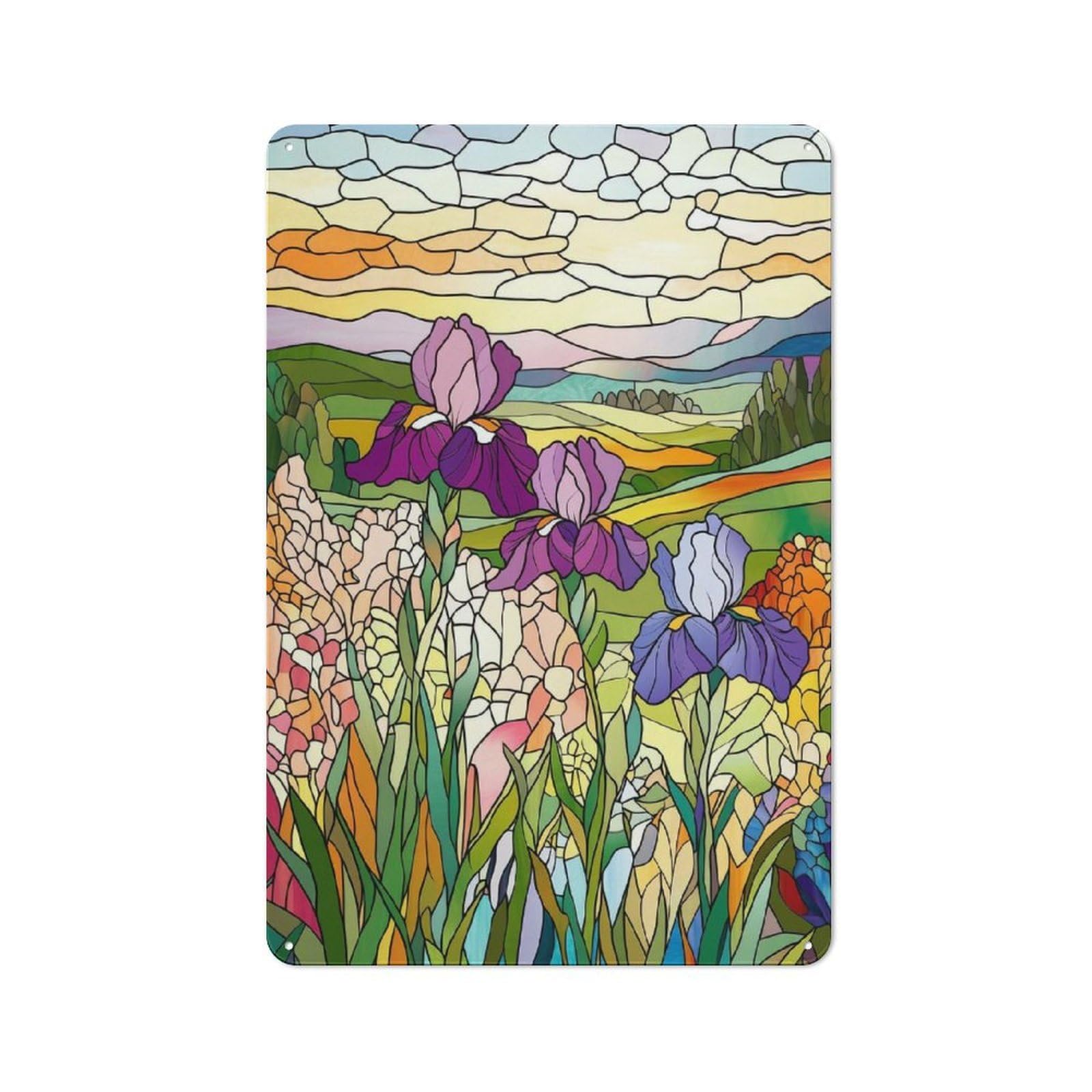 Junmoney Stained Glass Irises Metal Plaque 30X20cm With For Garage Wall, Rustic Decor, For Vintage Wall Decor Fans, For Themed Room Decoration