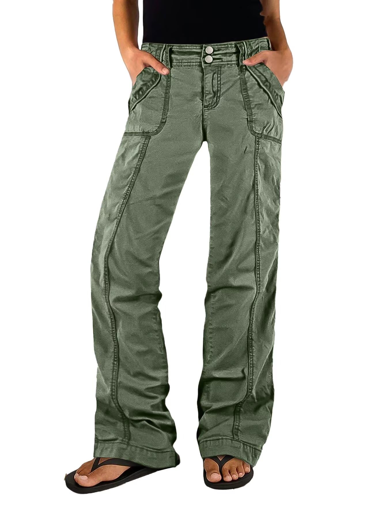 Flamingals Straight Leg Pants for Women Mid Rise Baggy Cargo Dual Button Patch Pocket Casual Pants