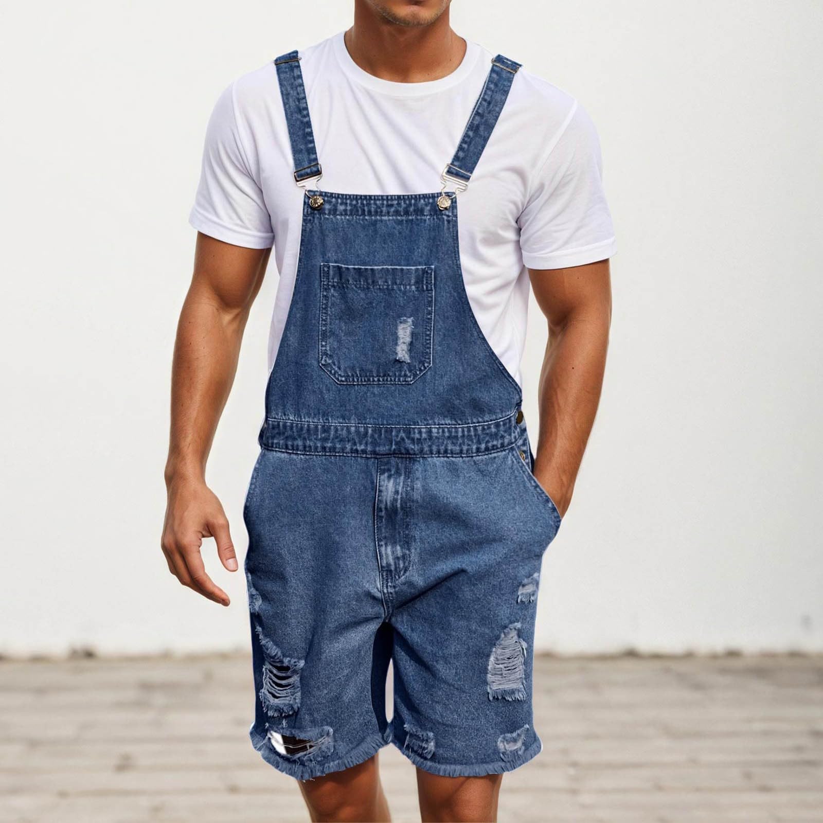 Combinaison courte à bretelles pour homme - Décontractée - Confortable - Légère - Vintage - Salopette élégante avec poches - Trou déchiré - Jean court - Mode classique