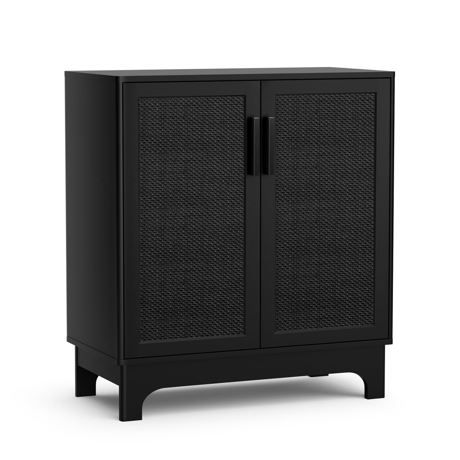 Skokliz Black Rattan Cabinet, Natural Rattan Storage Cabinet with 2 Doors Adjustable Shelf Large Space Entryway Hallway Sideboard Buffet for Living