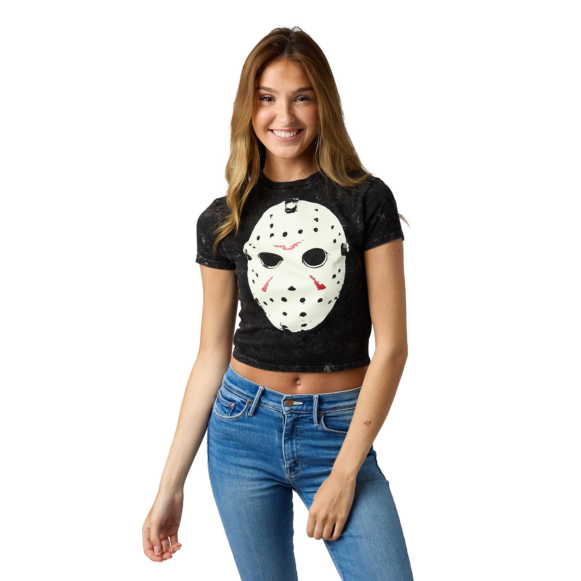 Bioworld Friday The 13th Hockey Mask Women's Gray Mineral Wash Crew Neck Short Sleeve Cropped Baby Tee