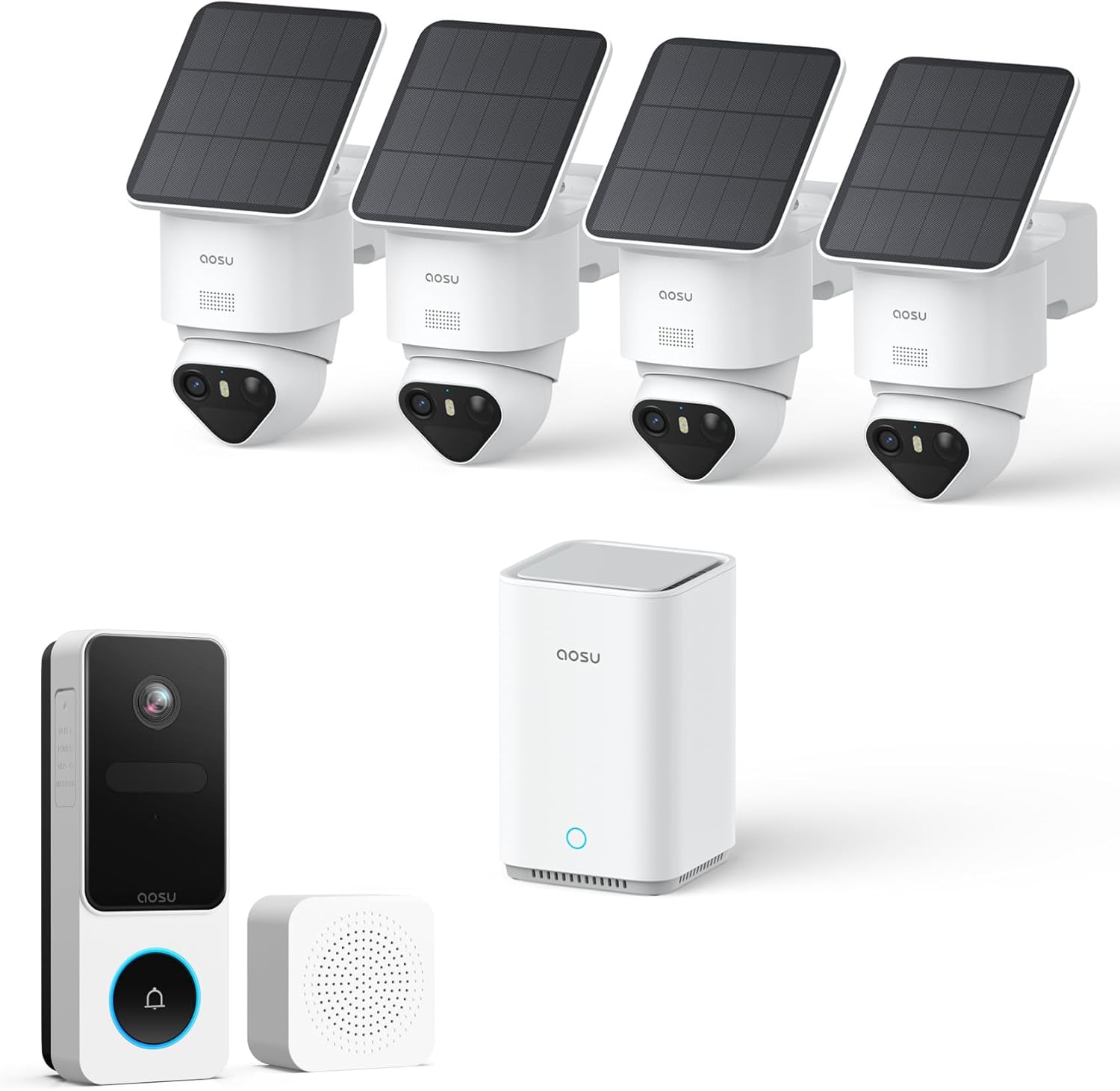 aosu T2 Ultra 4K Solar Outdoor Wireless Security Cameras 4-Cam Kit + 2k Wireless Doorbell Camera with Chime No Subscript