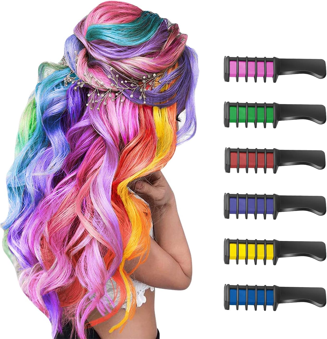 ORiTi Hair Chalk Comb Temporary DIY Hair Color for girls kids age 4 5 6 7 8 9 10 Washable Hair Chalk for Children's Day Birthday Party Cosplay (Blue, Yellow, Purple, Red, Green, Pink)