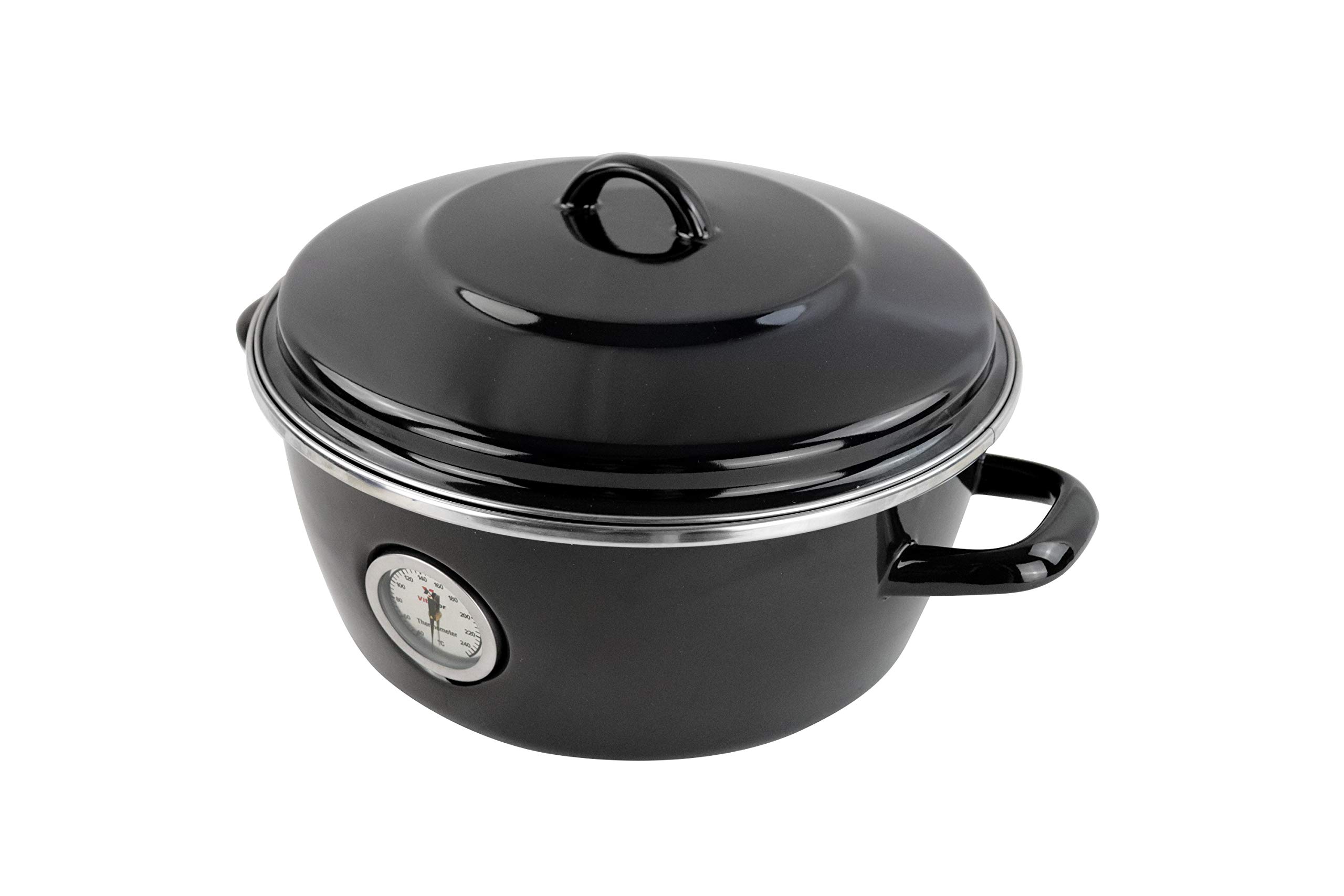 Dutch Oven Magefesa Negro de 26cm. Fabricado en España. Material de acero esmaltado con termómetro incorporado y recubrimiento antiadherente. Herrajes y tapas especiales para horno.