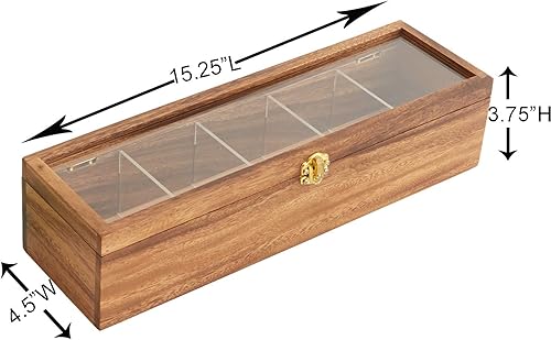 Miniatura 3 de Woodard & Charles Caja de té con compartimento de madera de acacia con ventana, almacenamiento y organizador (caja de té de 5 compartimentos)