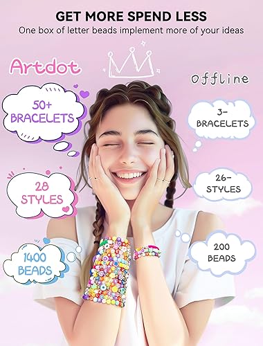 Vista 28 de ARTDOT Juego de 1400 cuentas de letras para hacer joyas, 28 estilos de cuentas del alfabeto para pulseras de amistad, cuentas surtidas de preppy