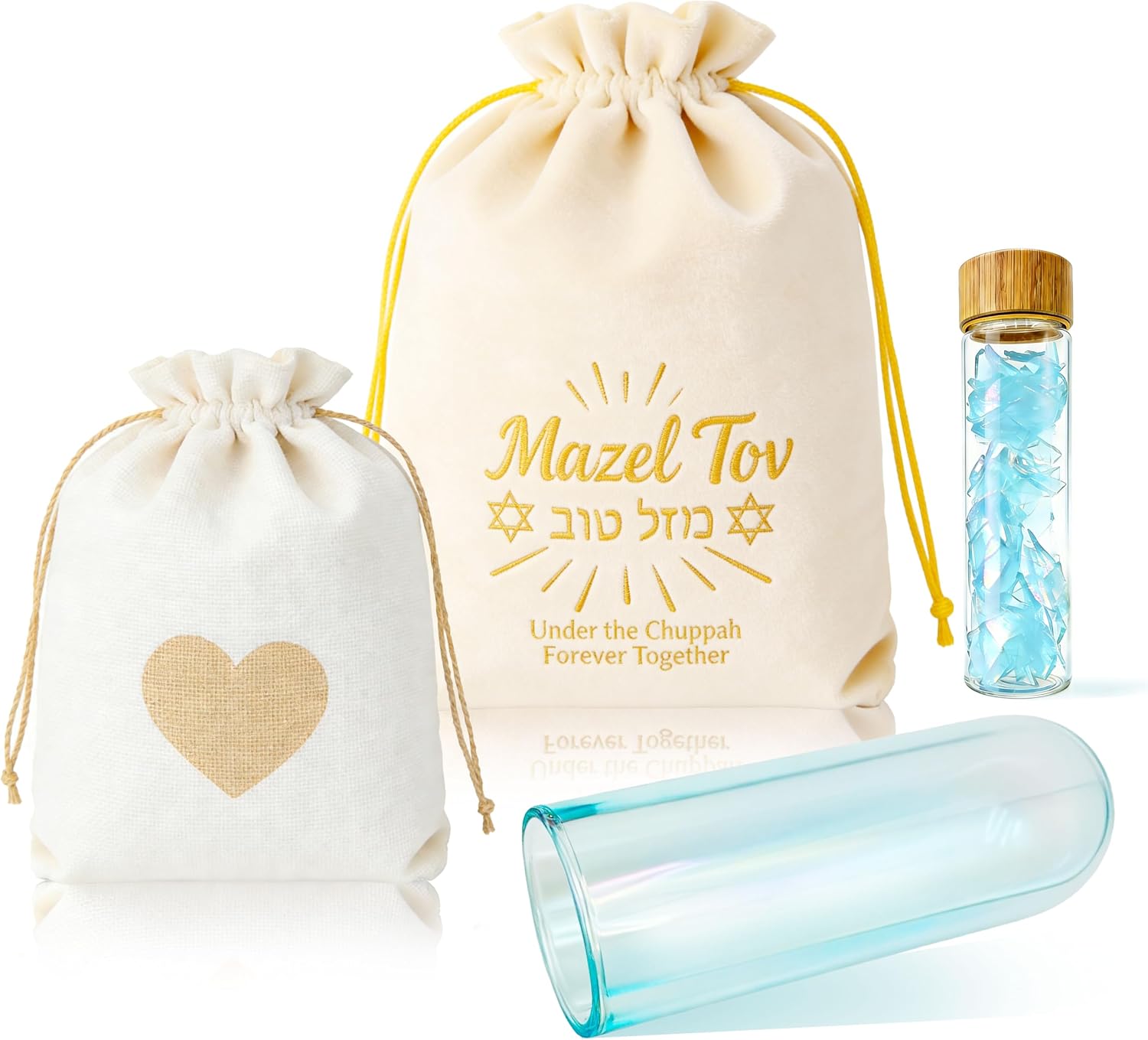Jewish Wedding Chuppah Glass Breaking Cup Kit with White Velvet Golden Drawstring Bag Printed in Hebrew Closed Storage Bottle Gift for Couples, Wedding Engagement Marriage Anniversary