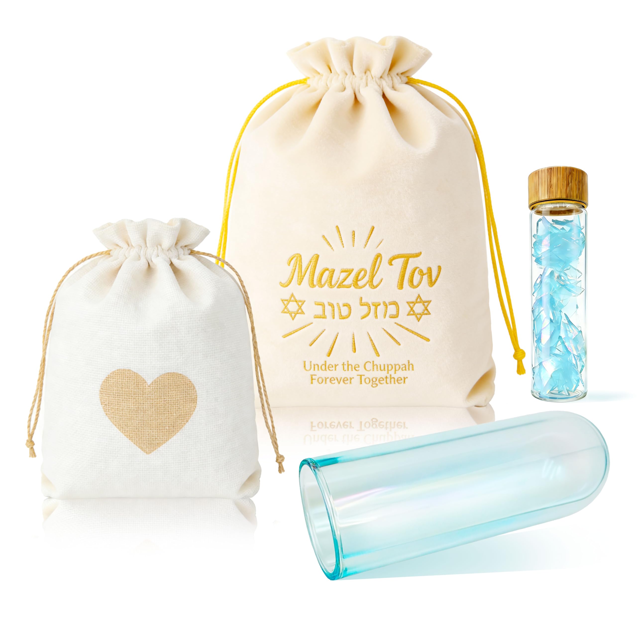 Jewish Wedding Chuppah Glass Breaking Cup Kit with White Velvet Golden Drawstring Bag Printed in Hebrew Closed Storage Bottle Gift for Couples, Wedding Engagement Marriage Anniversary