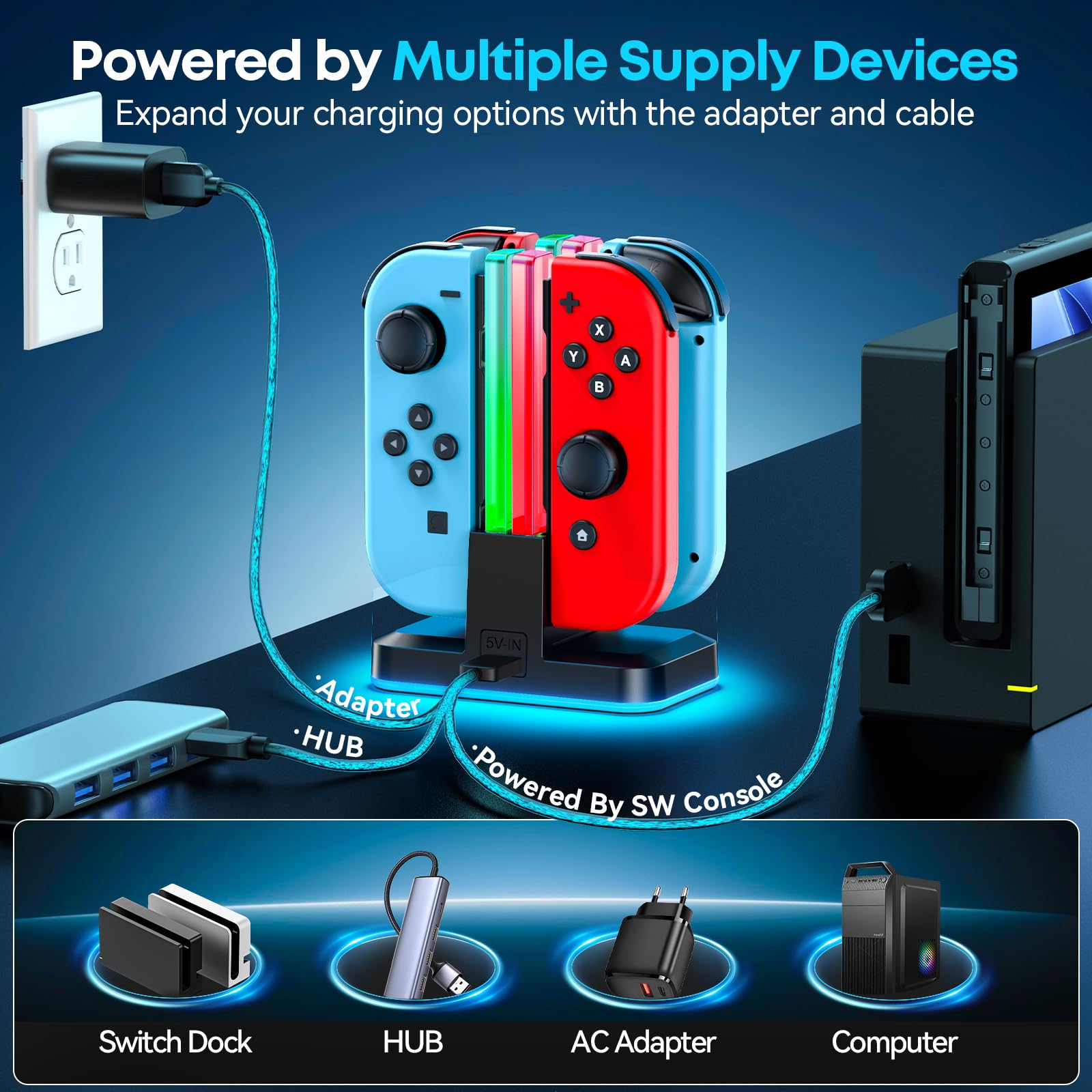Cargador para Joycon Switch/OLED, 2,5H de Base Carga Mando para Nintendo Switch con Luz RGB y Control Inteligente de Carga, Estacion de Carga joycon para Nintendo Switch Accesorios