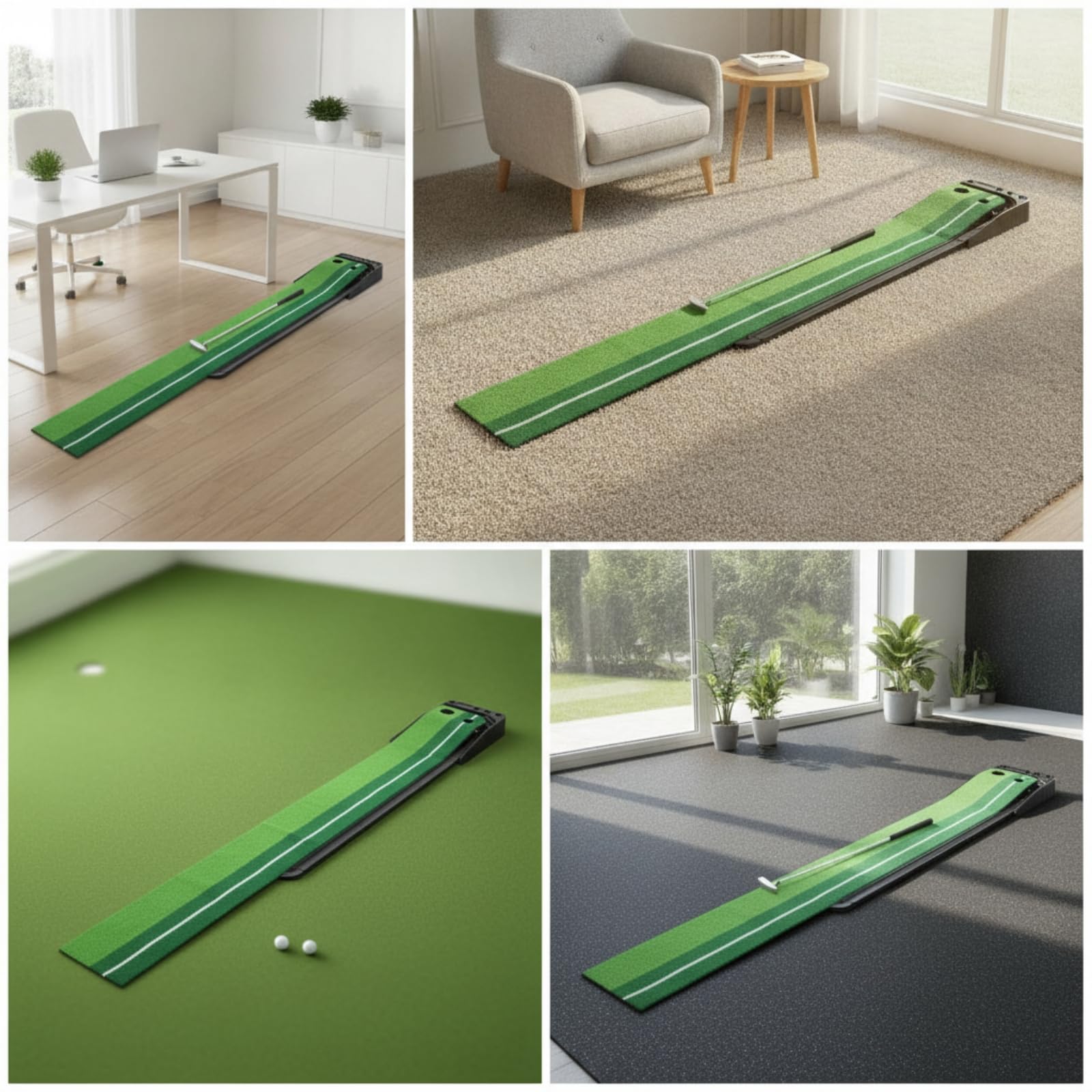 Entrenador de Putt de Golf Alfombra de Putting Tapete de Práctica Colchoneta de Entrenamiento Guía de Alineación con Línea Blanca Césped de Imitación
