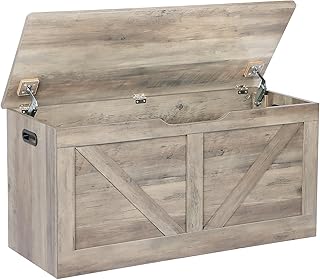 39.4" Storage Chest, Wooden Storage Bench, Large Storage Trunk with 2 Safety Hinges, Entryway Shoes Bench for Living Room, Bedroom, Grey