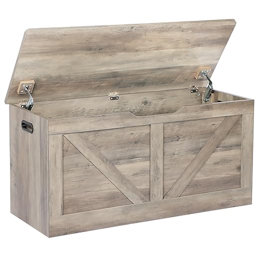 Timberer 39.4" Storage Chest, Wooden Storage Bench, Large Storage Trunk with 2 Safety Hinges, Entryway Shoes Bench for Living Room,Bedroom, Grey