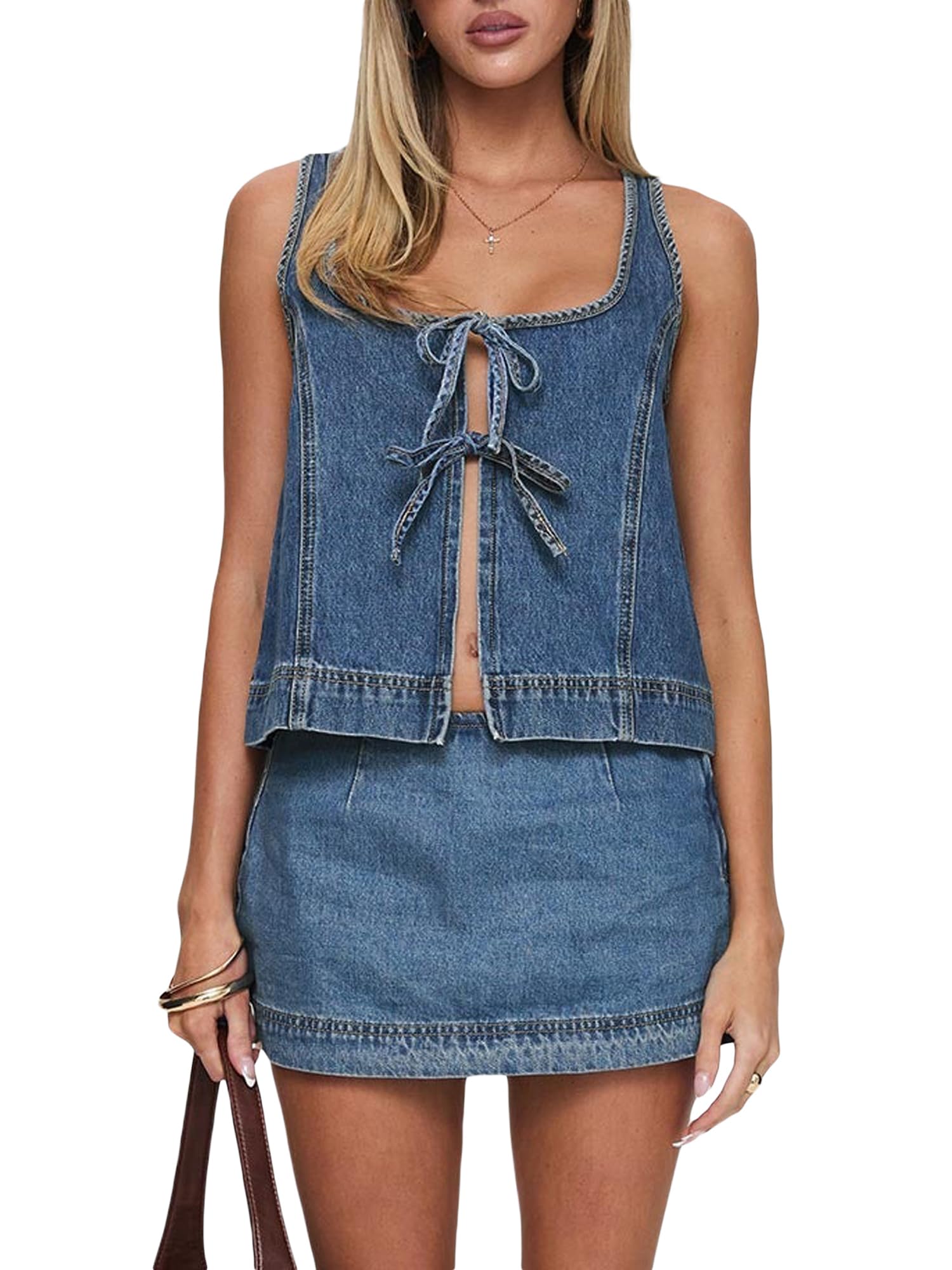 Tenues deux pièces en jean sans manches à nouer sur le devant et mini jupe pour femme, ensemble de jeans décontractés 2 pièces
