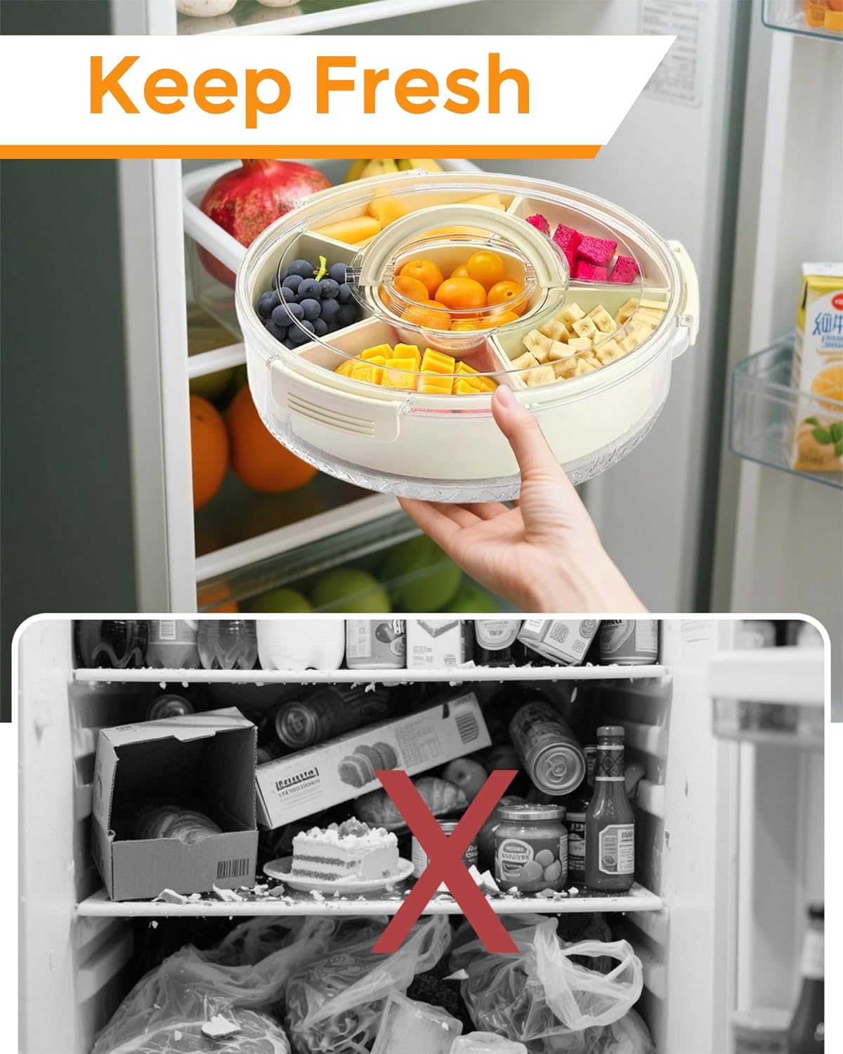 Divided Serving Tray with Lid and Handle, Round Rotating Snackle Box Container, 6-Compartment, for Fruits Candy Organizer, Portable Spinning Rounded Veggie Tray for Kitchen, Party, Trave and Picnic