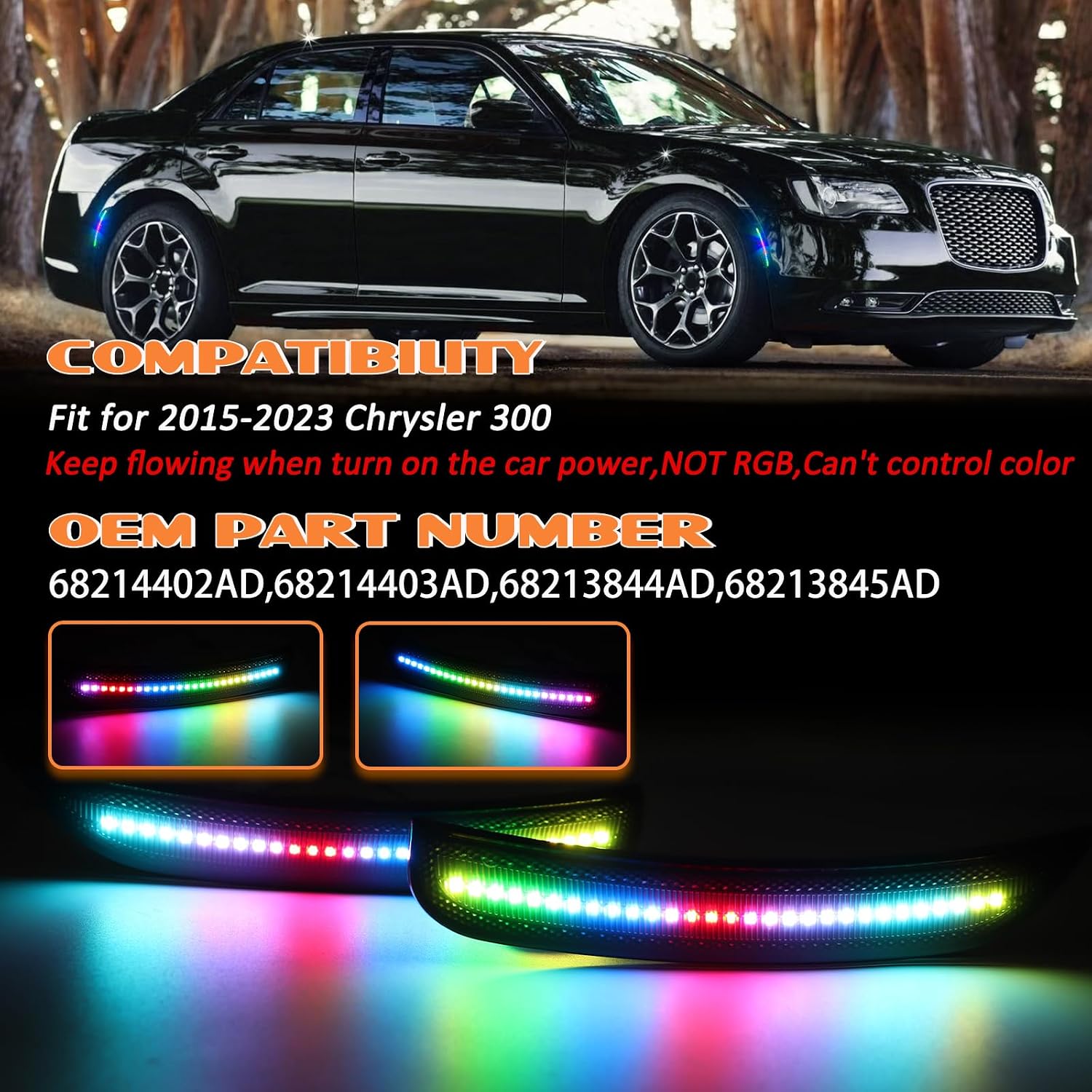 Colorful Flowing(Not RGB) Front Rear Side Marker Lights Replacement for Dodge Challenger 2015-2023, LED Bumper Marker Lamp Accessories, Smoked Lens Bumper Lamps 4PCS