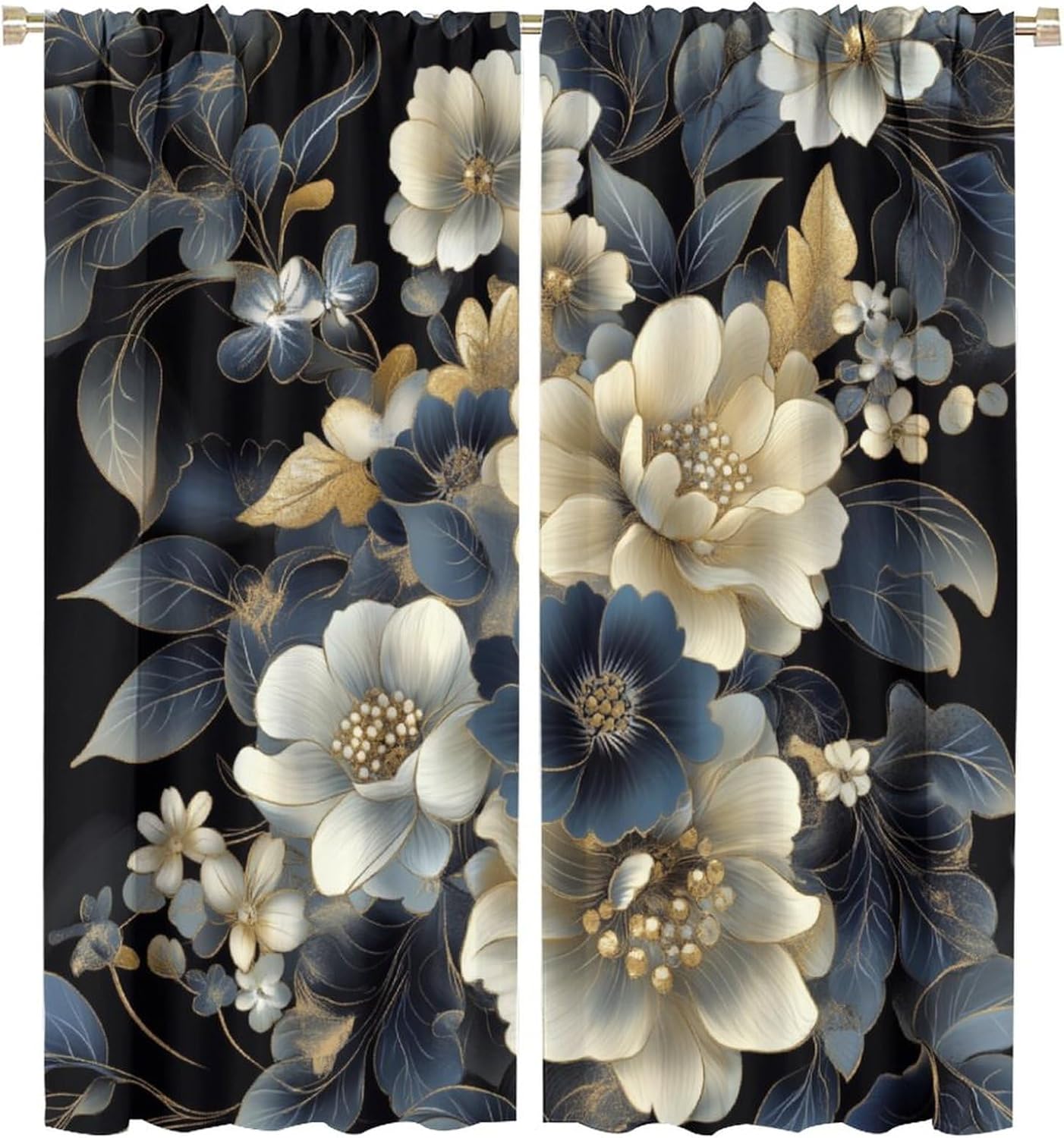 Blue Beautiful Floral Blackout Curtains, Botanical Art Pattern Curtains Rod Pocket Thermal Insulated Window Drapes for Bedroom/Living Room, 21W x 45L, 2 Panels