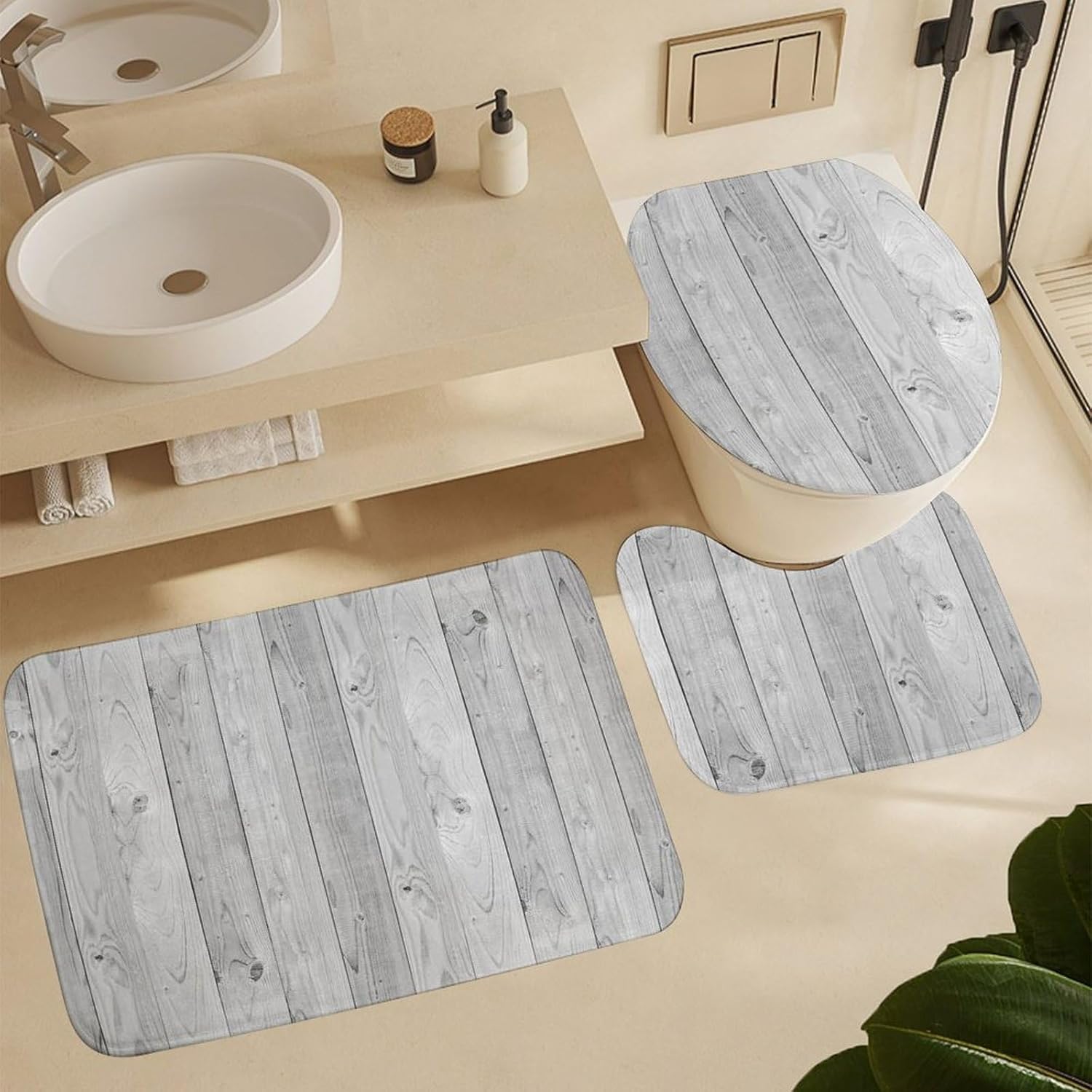Wood Grain 4 Piece Shower Curtain Sets, Oak Wood Texture 4 Piece Bathroom Sets with Hooks, Non-Slip Rugs Bath Mat Toilet Cover U Shaped Mat, 72x72 in