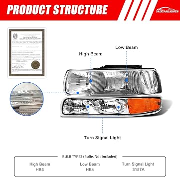 Headlight Assembly for 1999 2000 2001 2002 Chevy Silverado 1500 2500/1500HD 2500HD 3500/2000-2006 Tahoe/Suburban Chrome Housing Amber Reflector Pair(W/O Bulbs)