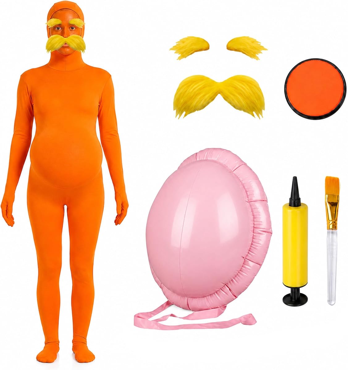 Orange Jumpsuit Halloween Costume with Inflatable Belly Yellow Mustache Eyebrows & Face Paint Cosplay Party Outfit