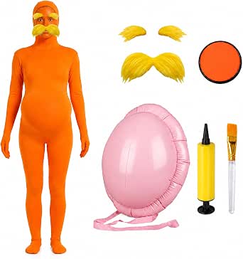 Orange Jumpsuit Halloween Costume with Inflatable Belly, Mustache, Eyebrows & Face Paint