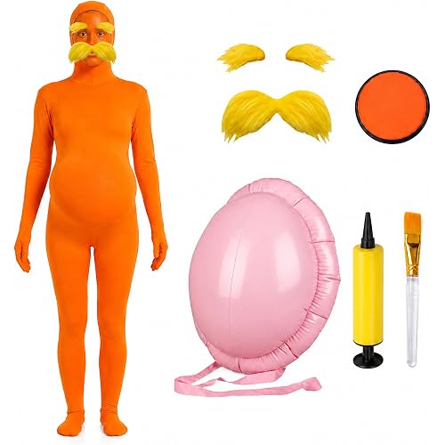 Orange Jumpsuit Halloween Costume with Inflatable Belly Yellow Mustache Eyebrows & Face Paint Cosplay Party Outfit