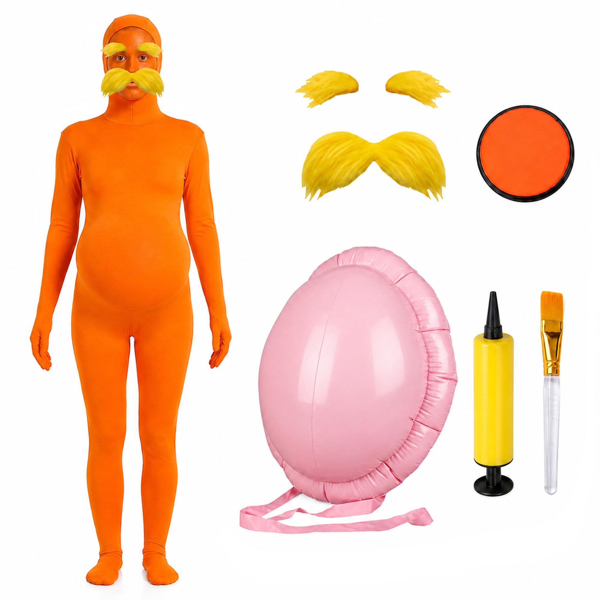 Orange Jumpsuit Halloween Costume with Inflatable Belly Yellow Mustache Eyebrows & Face Paint Cosplay Party Outfit X-Large