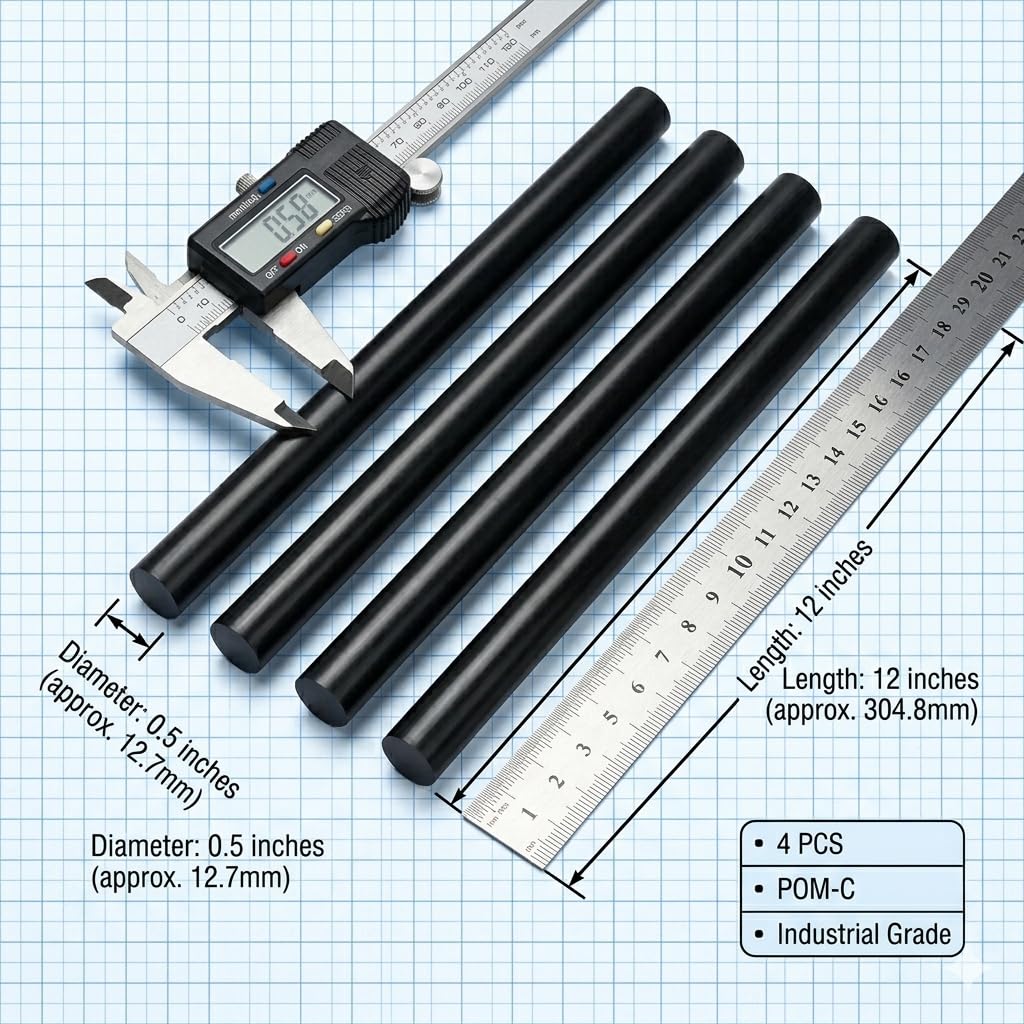 4PCS Black Acetal Copolymer Rods - 1/2" Diameter x 12" Length Standard Tolerance POM-C Plastic Round Bar, Non-Gummy During Machining, High Strength Engineering Plastic for CNC Lathe & Precision Parts