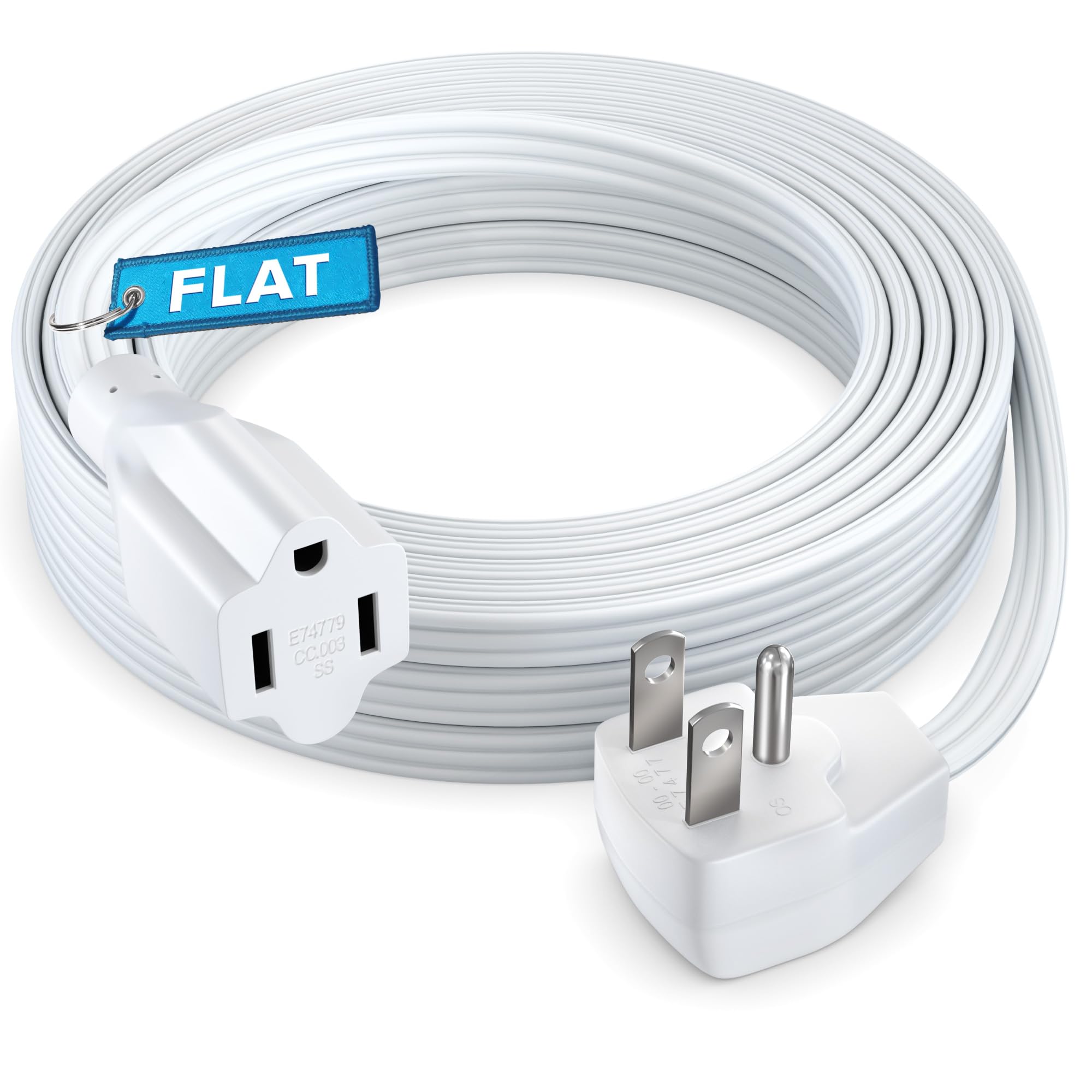 Maximm Extension Cord Heavy Duty (15 Feet) Flat Wire 3-Prong Flat Plug, 14 AWG Power Cord - UL Certified, White, Ideal for Home and Office Use,