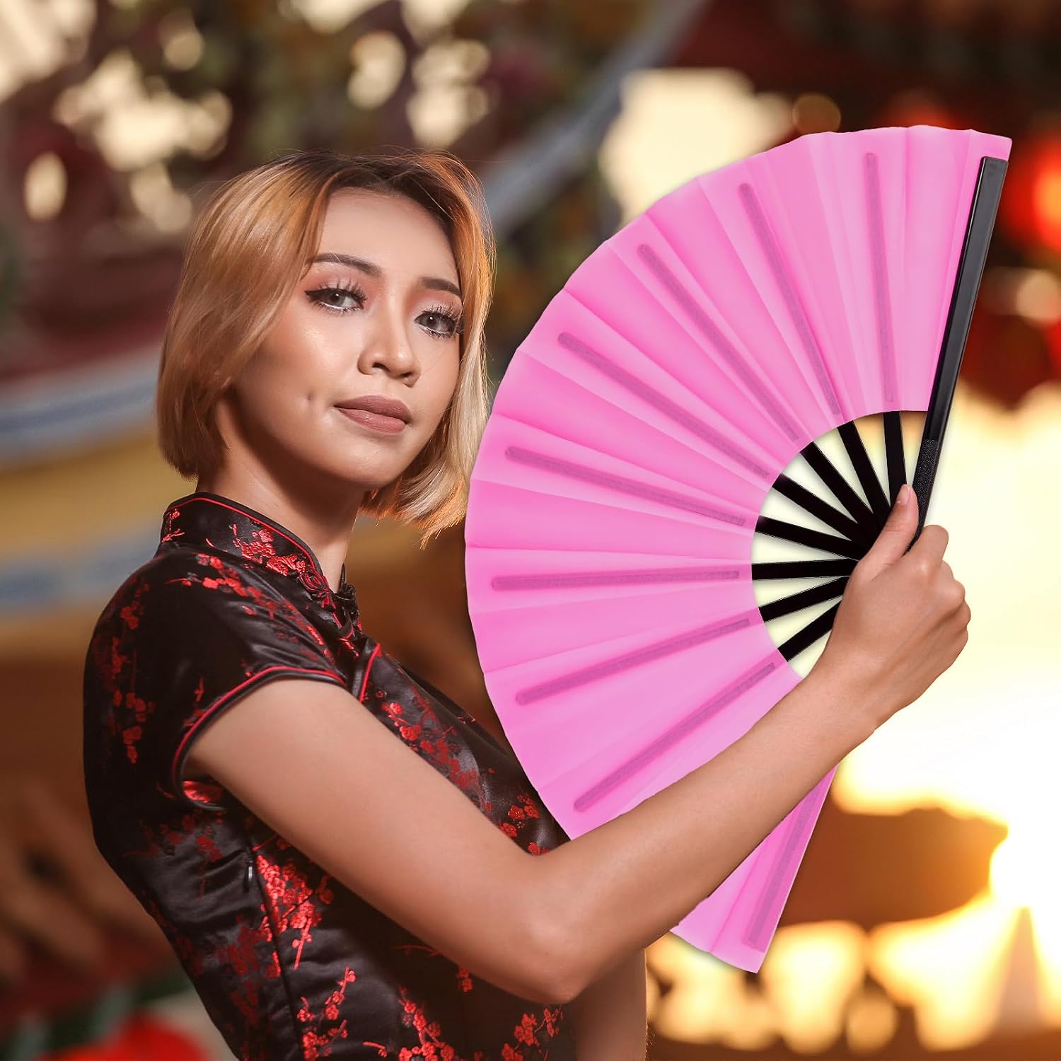 Qyeahkj 2Pcs Pink Hand Fan for Men Women Large Folding Hand Fan Rave Clack Handheld Fans Chinese Tai Chi Nylon Cloth Kung Fu Fans for EDM Club Party Dance Performance Role Playing Concerts Supplies