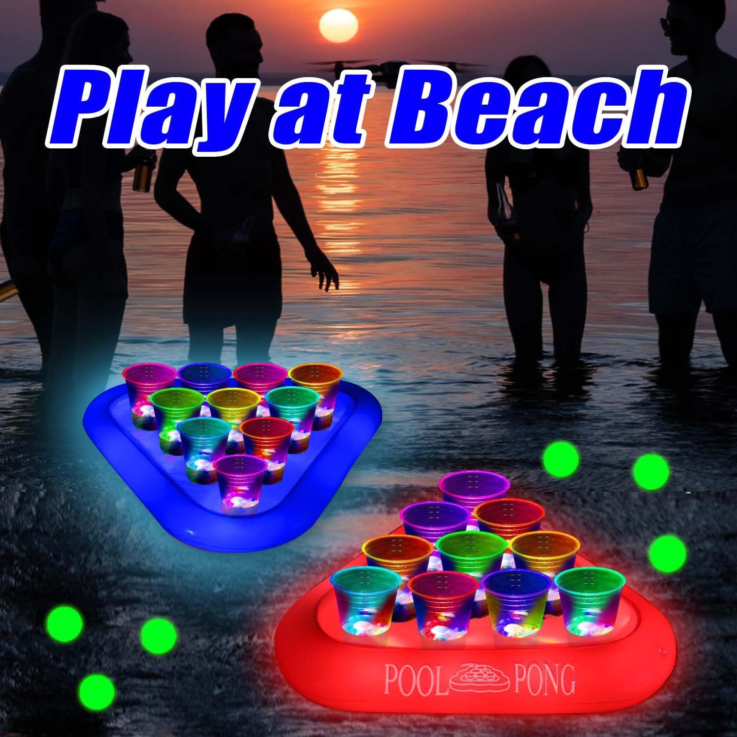 mishunyus Glow Party Large Floating Pool Pong Set for Adults - Inflatable Light-Up Pool Games with 2 Floating Rack & 16oz Cups, Day/Night Use Toss Game for Summer Pool Party, Outdoor Swimming
